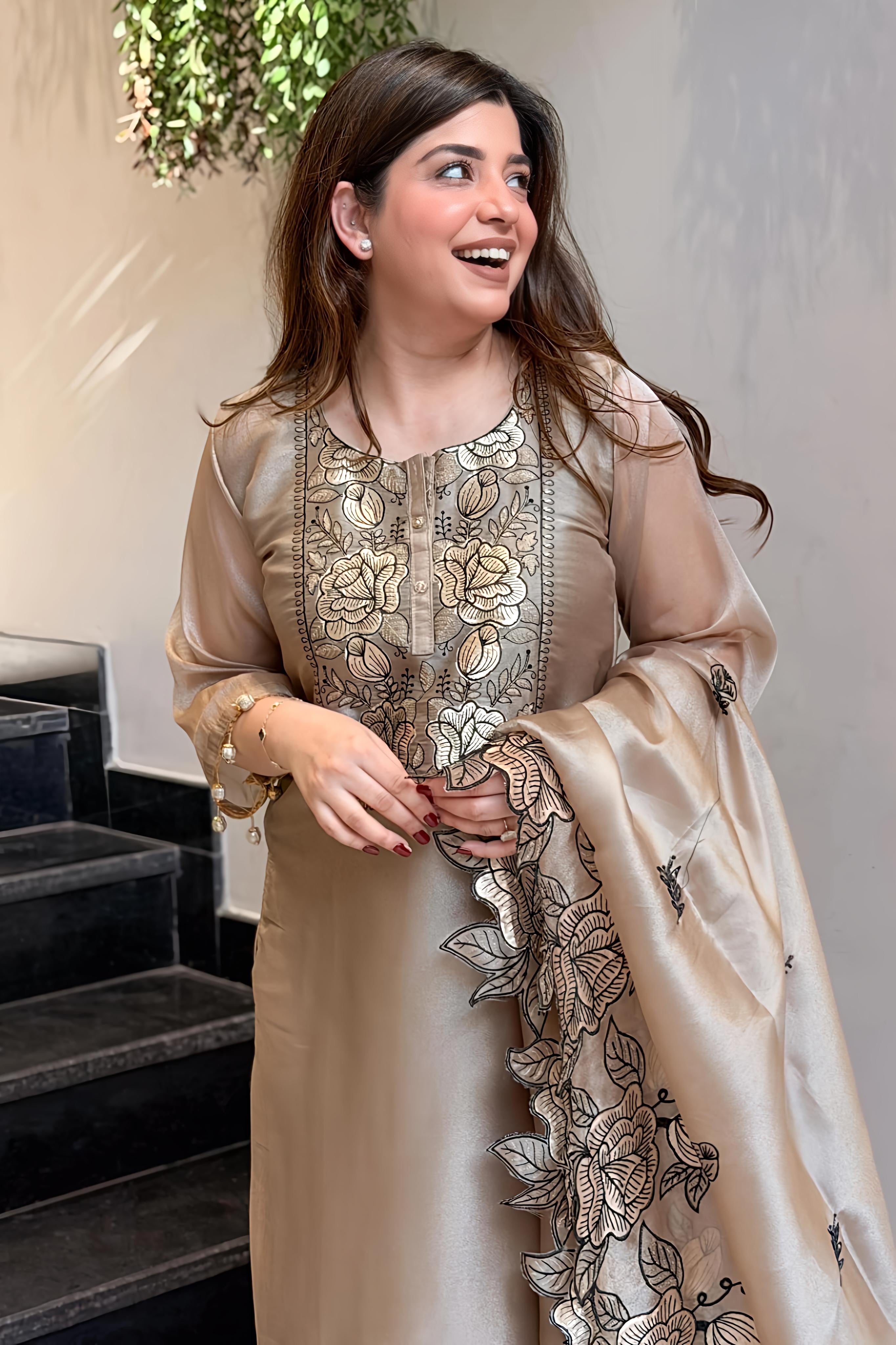 Champagne Gold Mul Chanderi Embroidered Kurta Pant Set with Dupatta