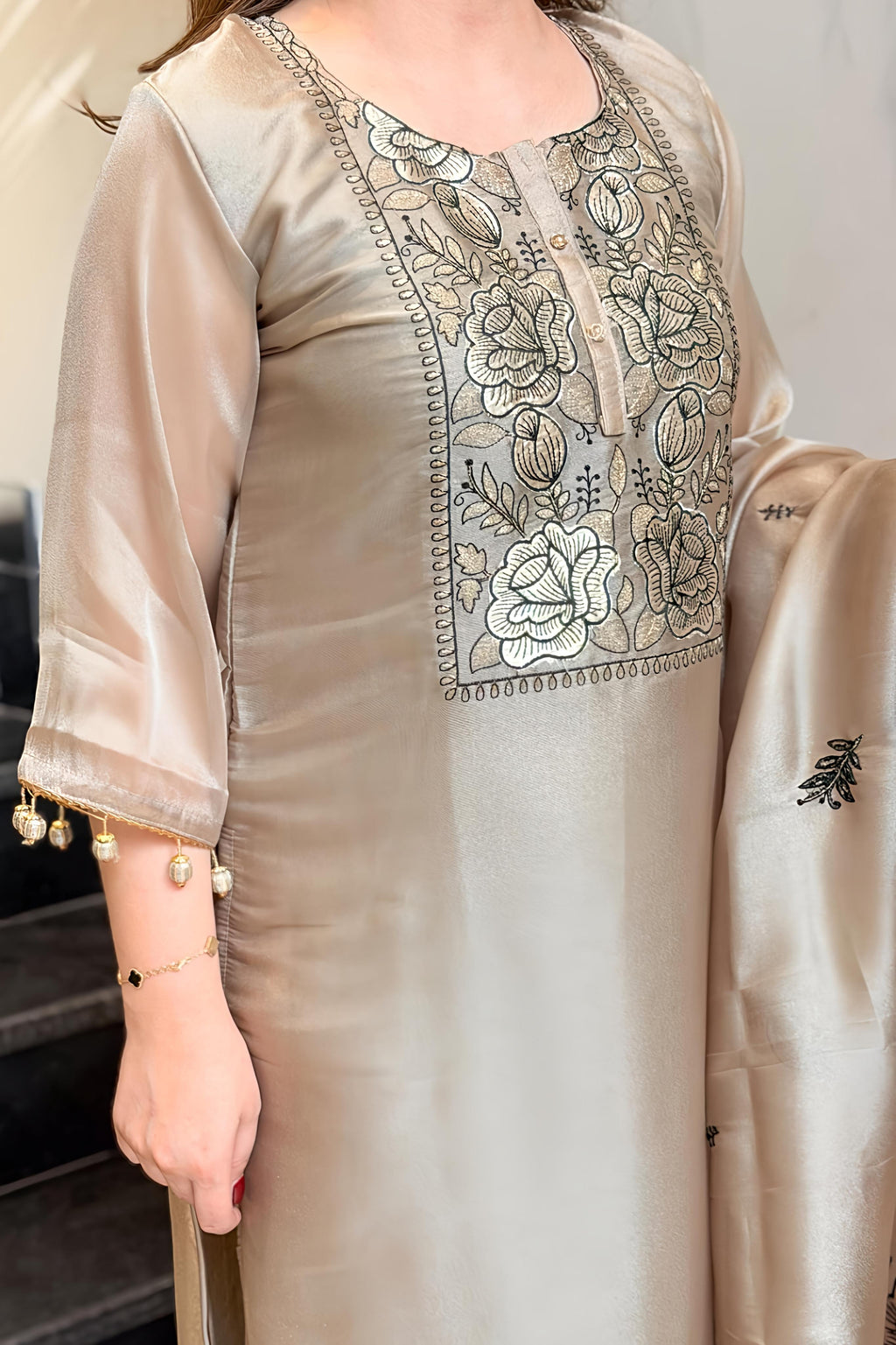 Champagne Gold Mul Chanderi Embroidered Kurta Pant Set with Dupatta