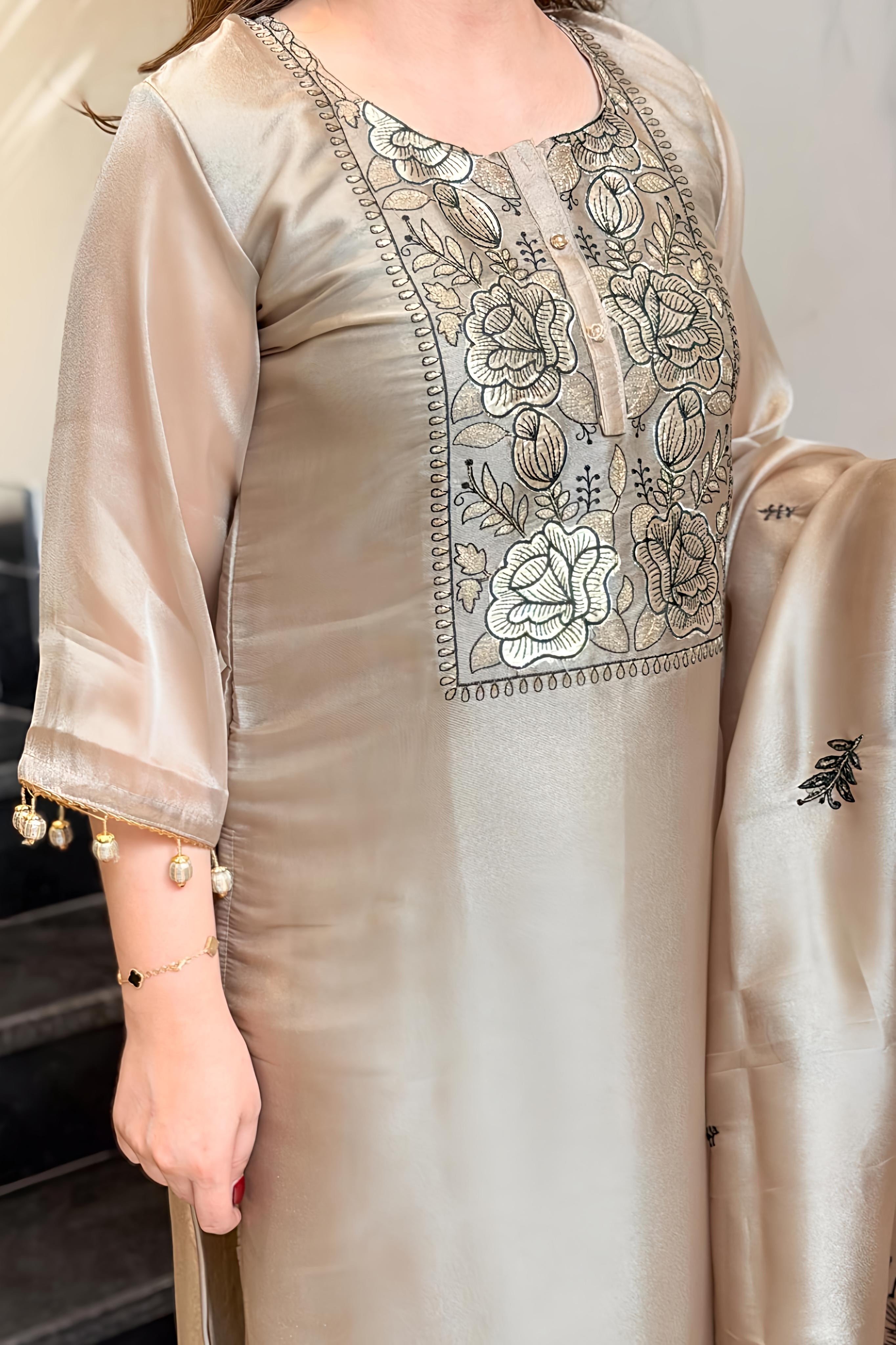 Champagne Gold Mul Chanderi Embroidered Kurta Pant Set with Dupatta