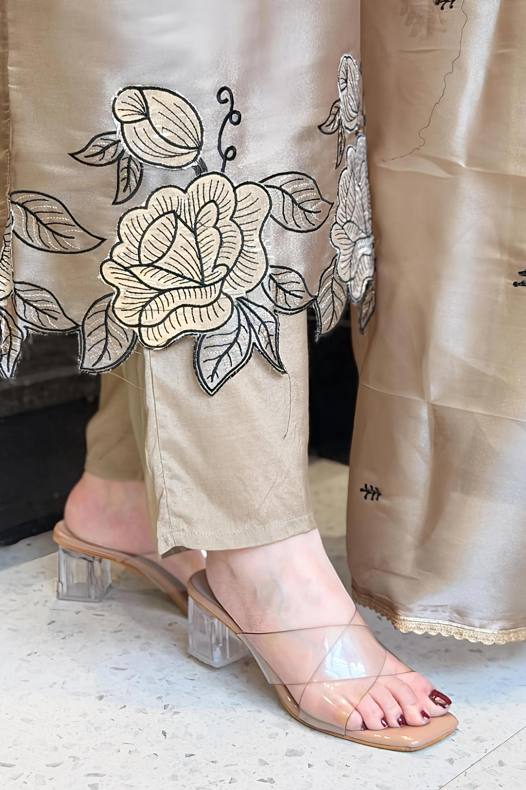 Champagne Gold Mul Chanderi Embroidered Kurta Pant Set with Dupatta