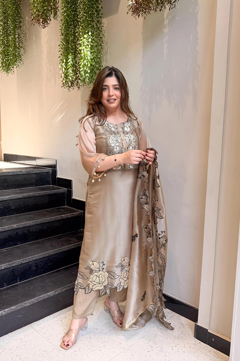 Champagne Gold Mul Chanderi Embroidered Kurta Pant Set with Dupatta