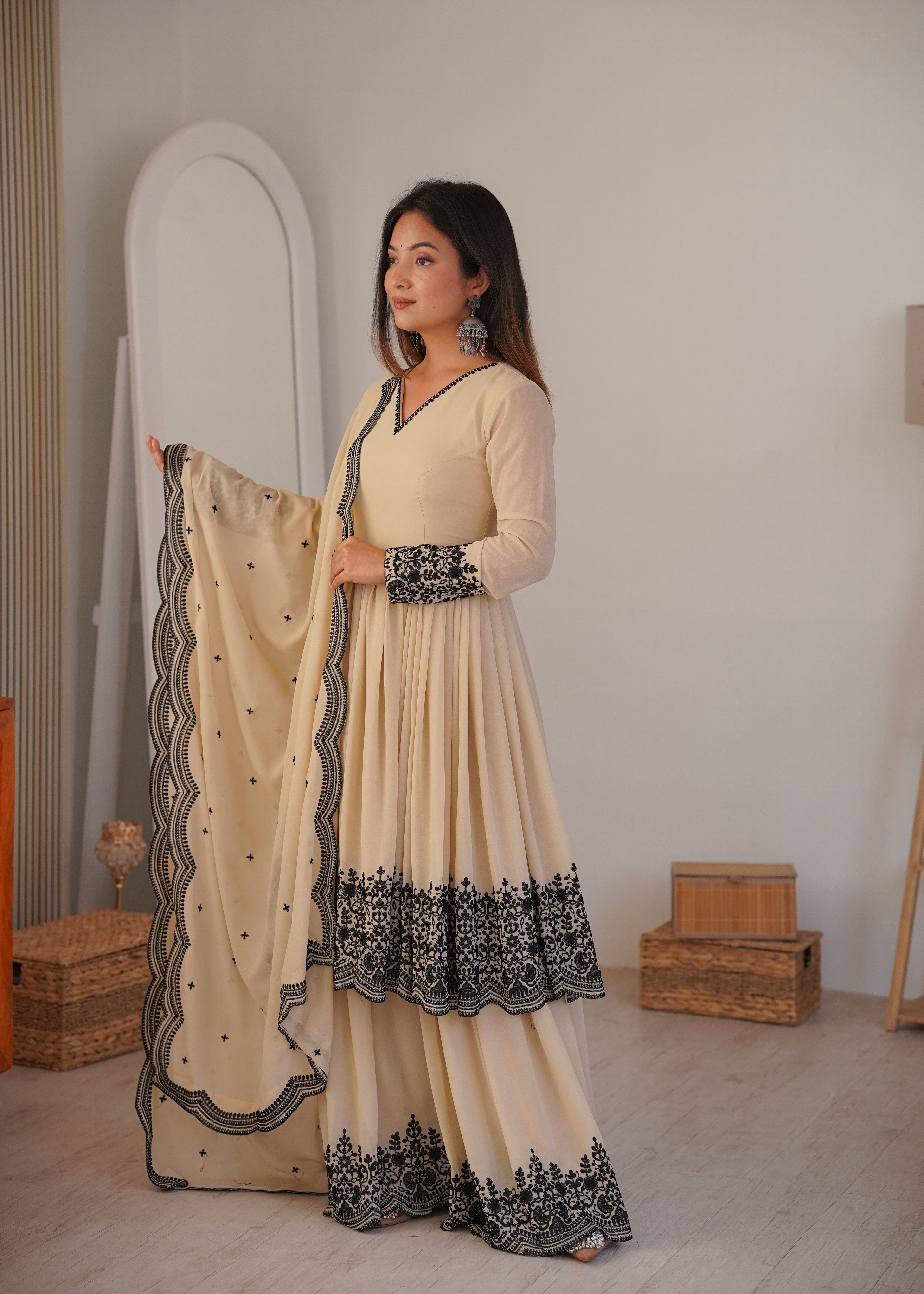 Designer Premium Faux Georgette Suit Set with Embroidery and Fully Stitched Plazzo