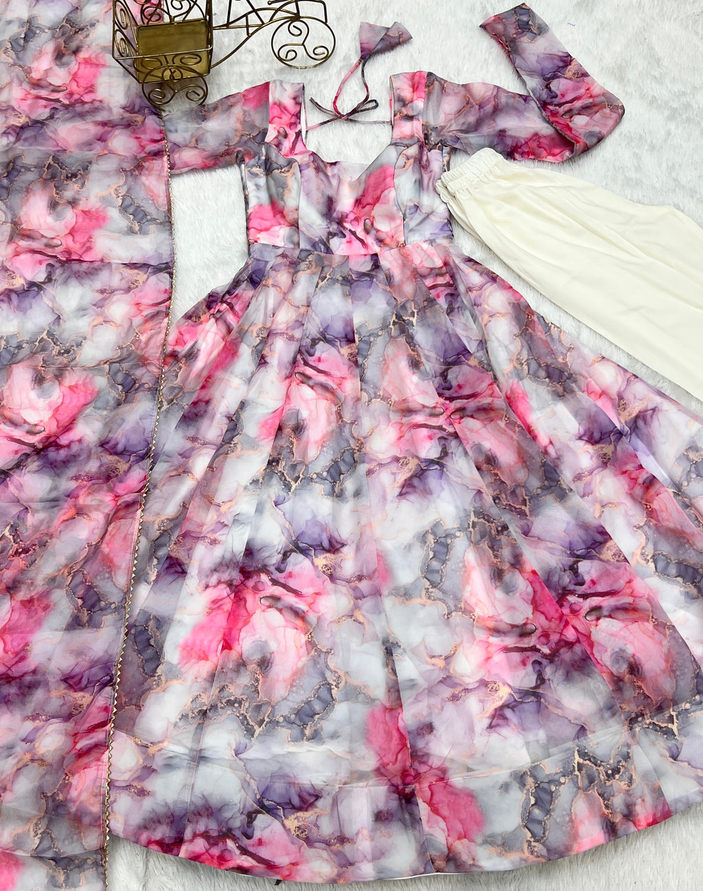Printed Pink And White Kali Pattern Organza Silk Three-Piece Anarkali Suit For Women