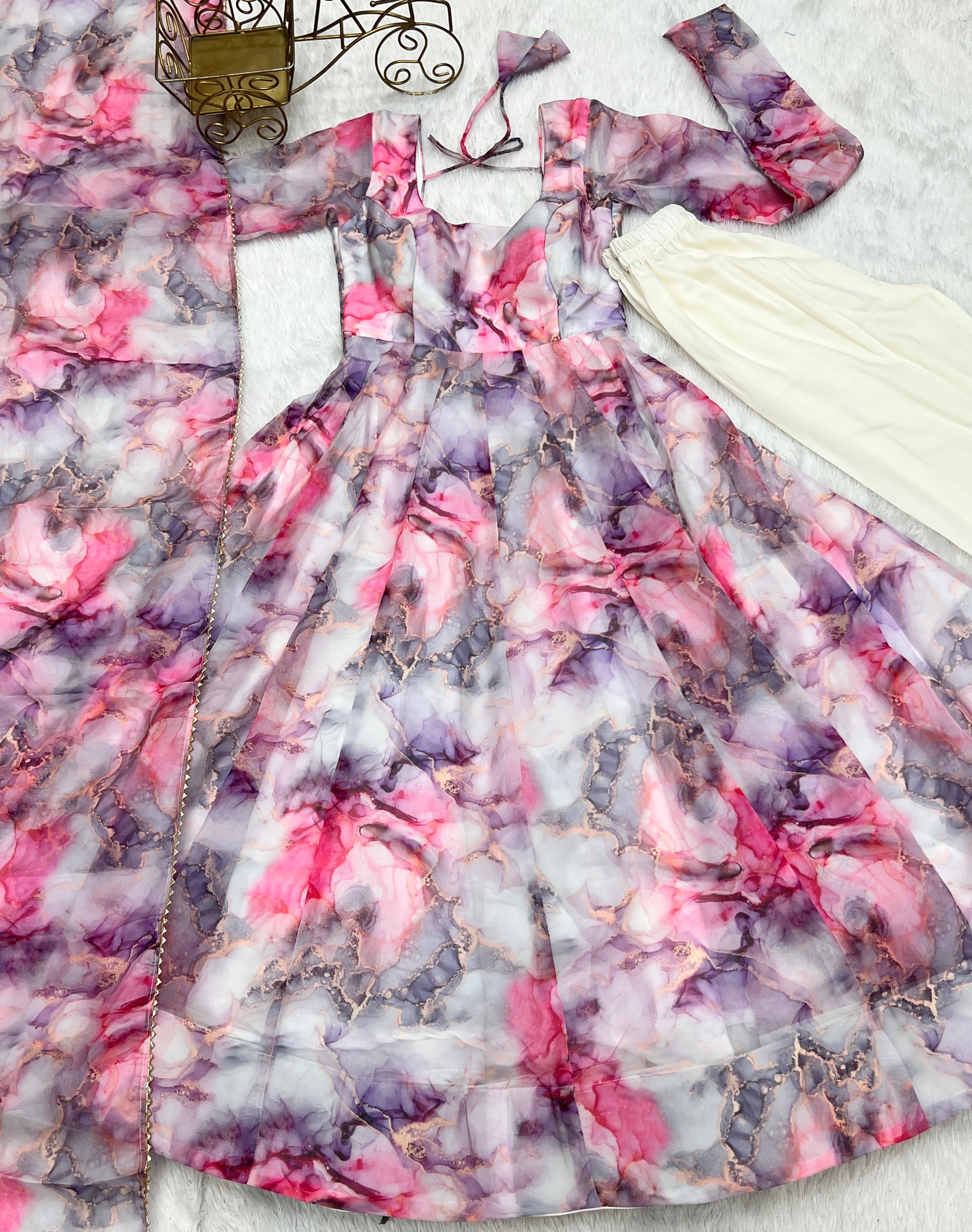 Printed Pink And White Kali Pattern Organza Silk Three-Piece Anarkali Suit For Women