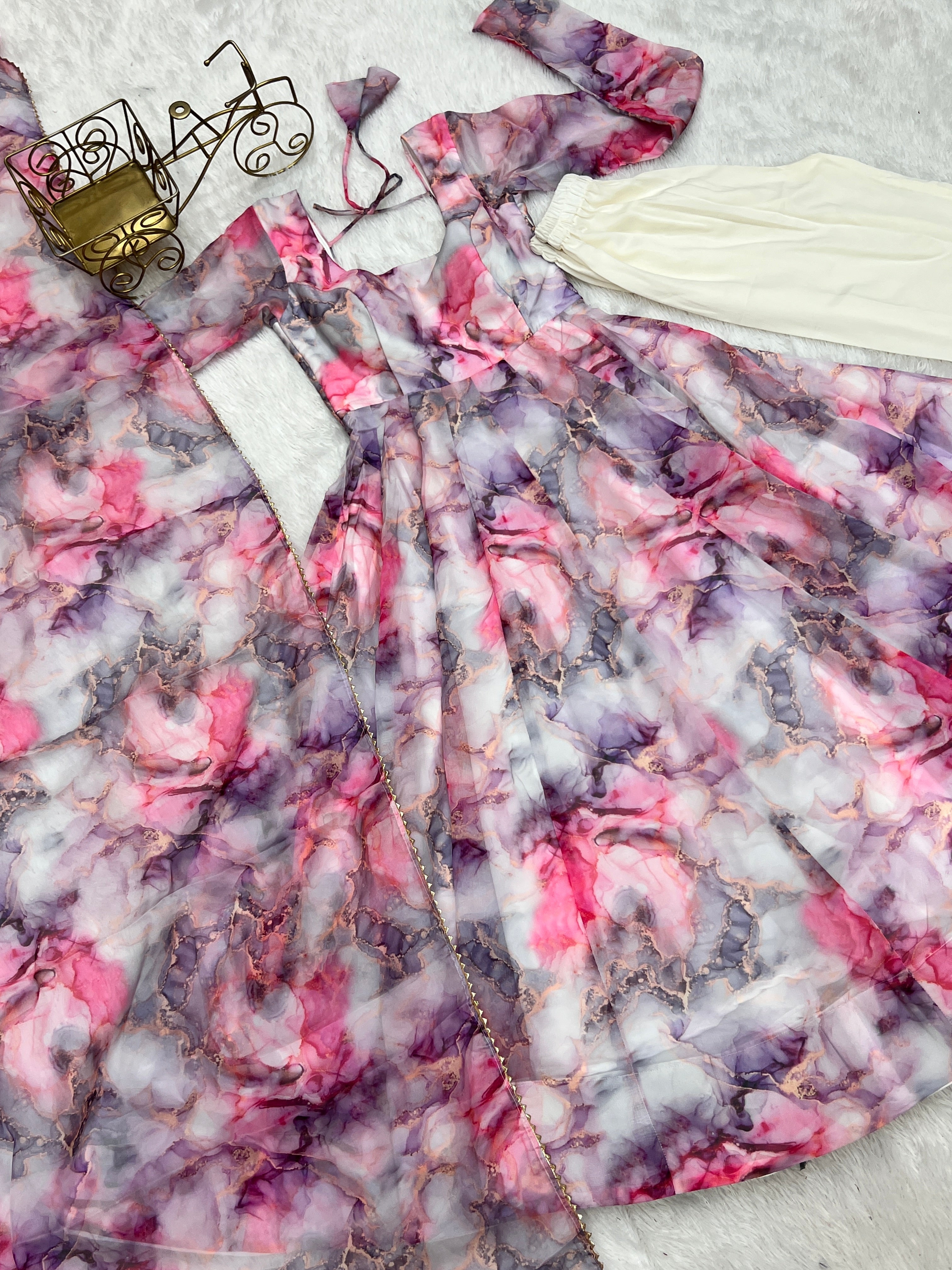Printed Pink And White Kali Pattern Organza Silk Three-Piece Anarkali Suit For Women