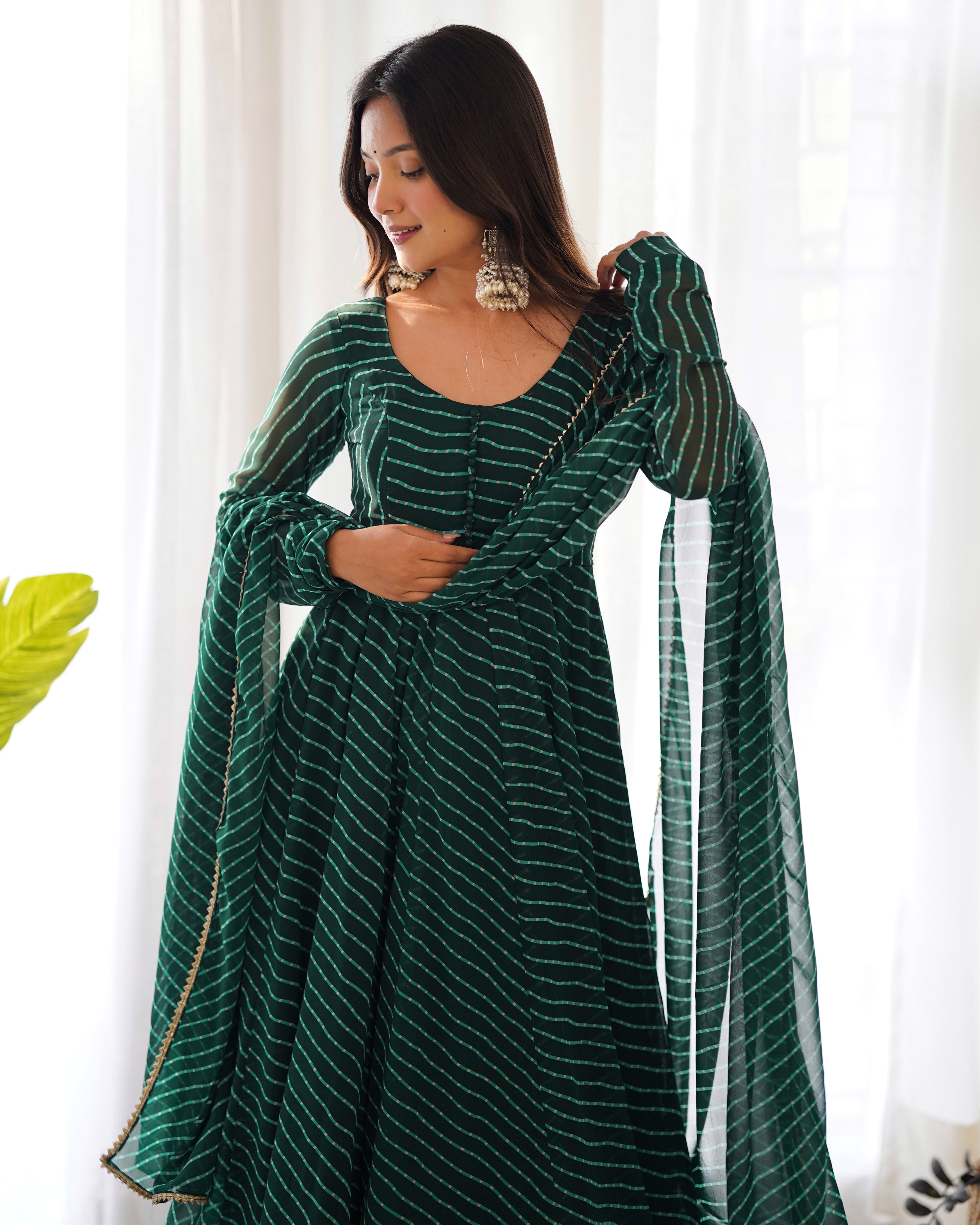 Green Color Laheriya Print Georgette Three Piece Anarkali Suit For Women