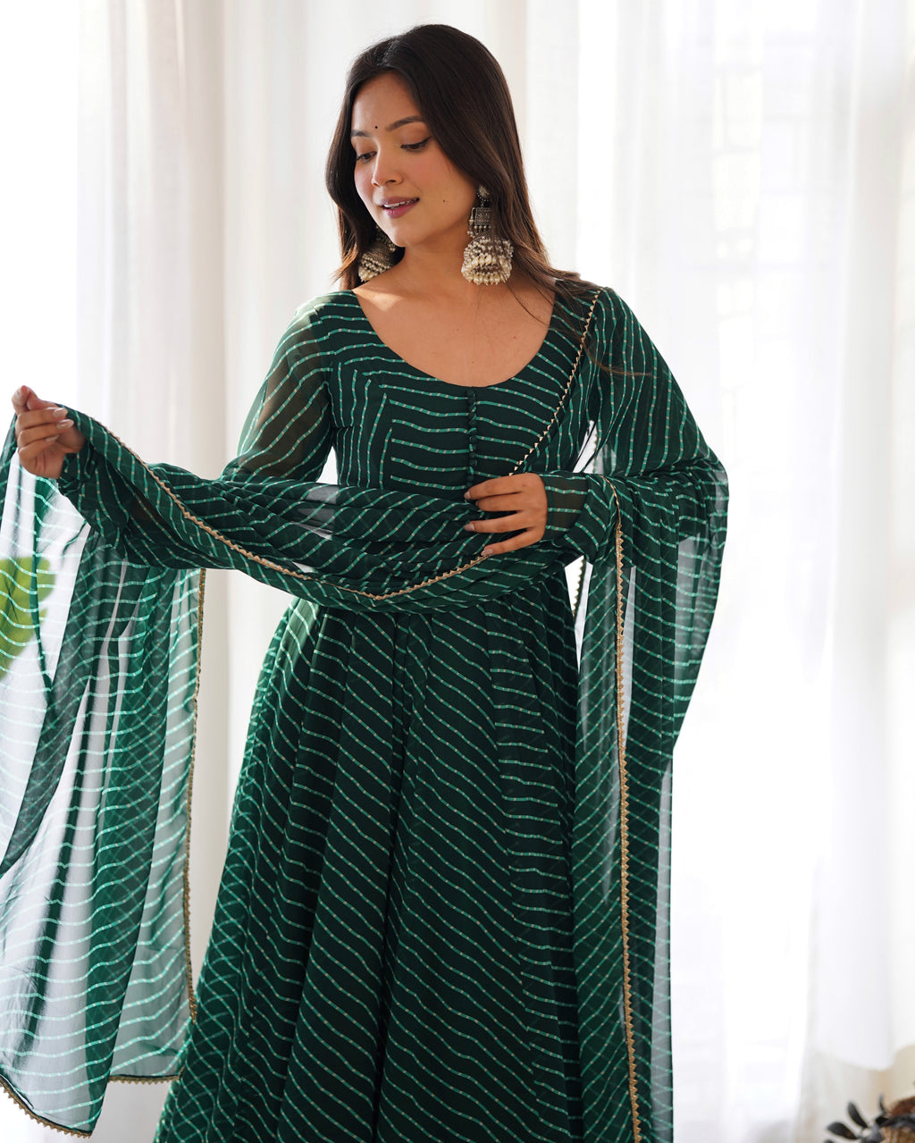 Green Color Laheriya Print Georgette Three Piece Anarkali Suit For Women