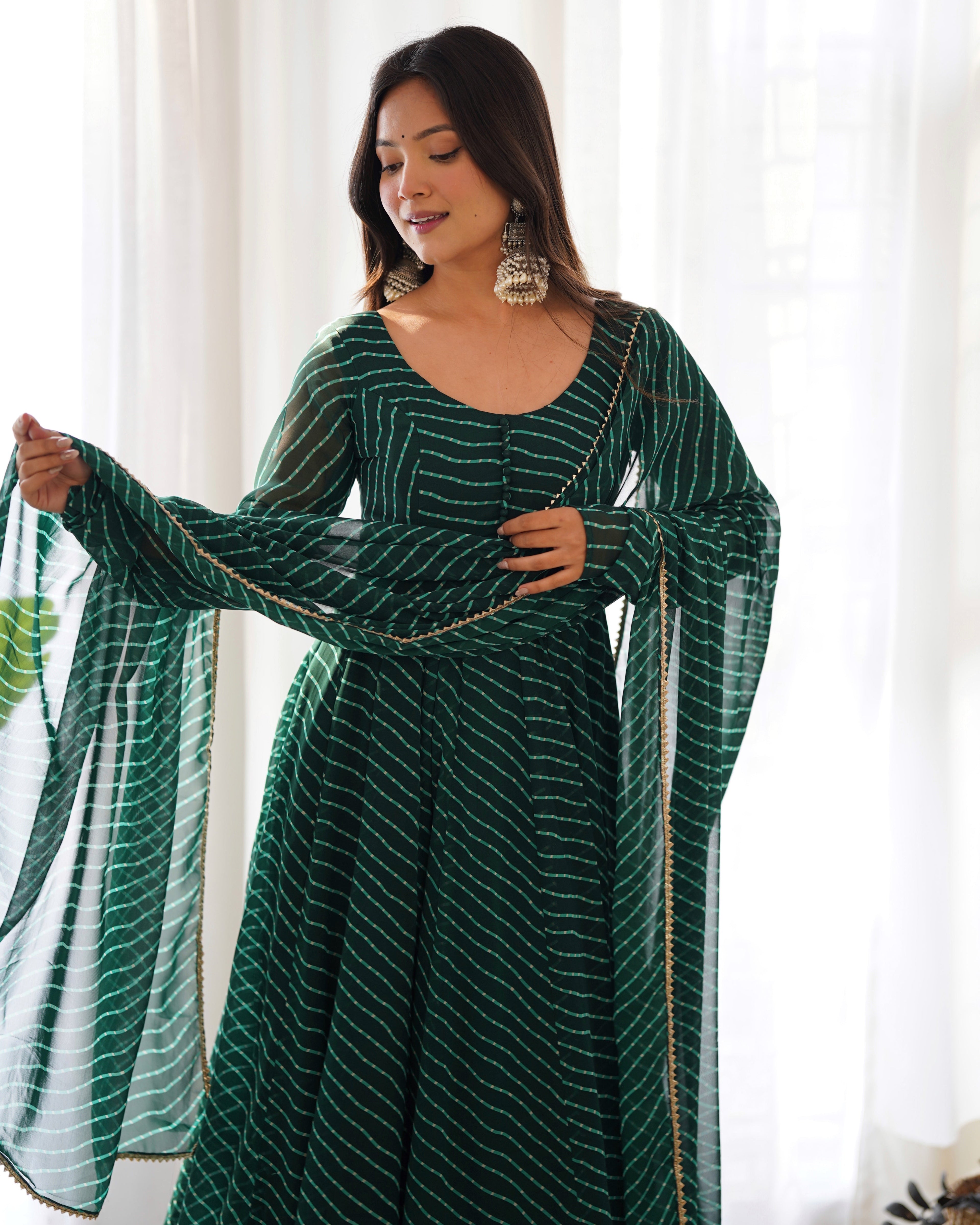 Green Color Laheriya Print Georgette Three Piece Anarkali Suit For Women