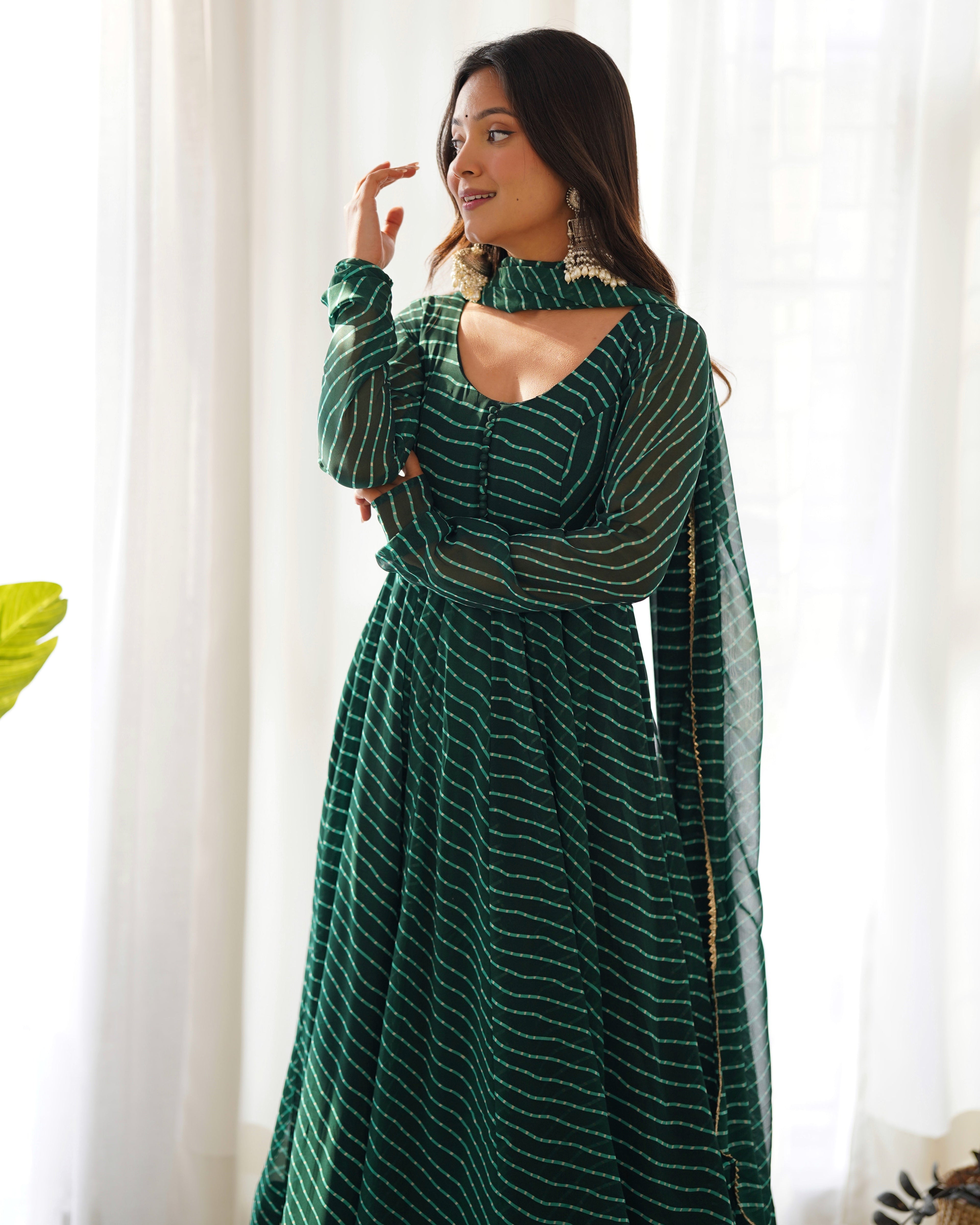 Green Color Laheriya Print Georgette Three Piece Anarkali Suit For Women