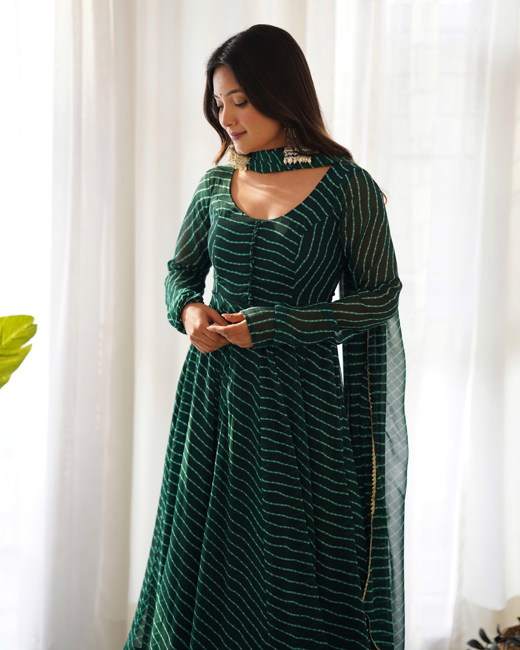 Green Color Laheriya Print Georgette Three Piece Anarkali Suit For Women
