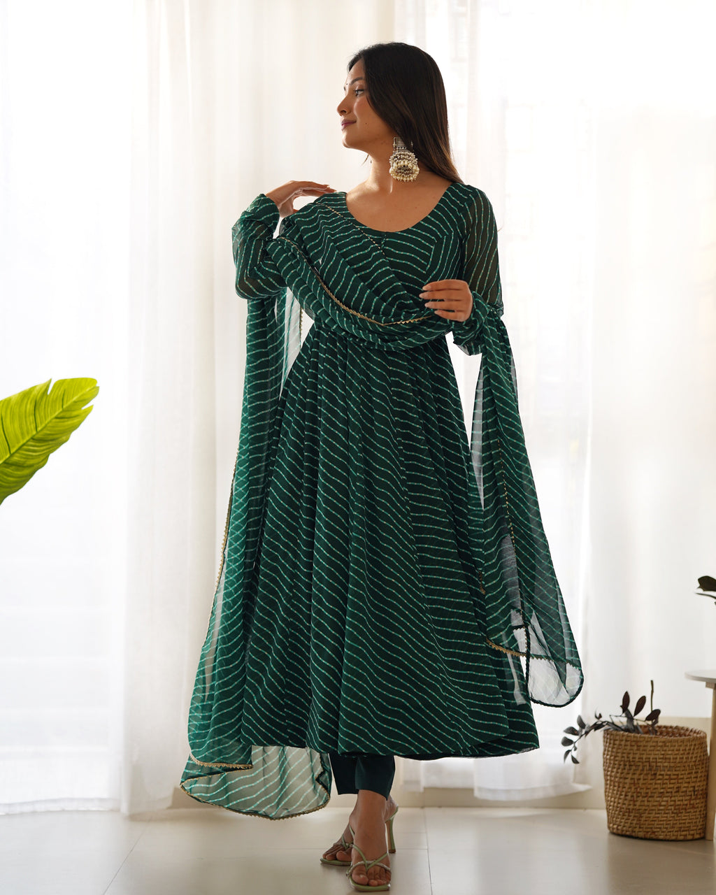 Green Color Laheriya Print Georgette Three Piece Anarkali Suit For Women