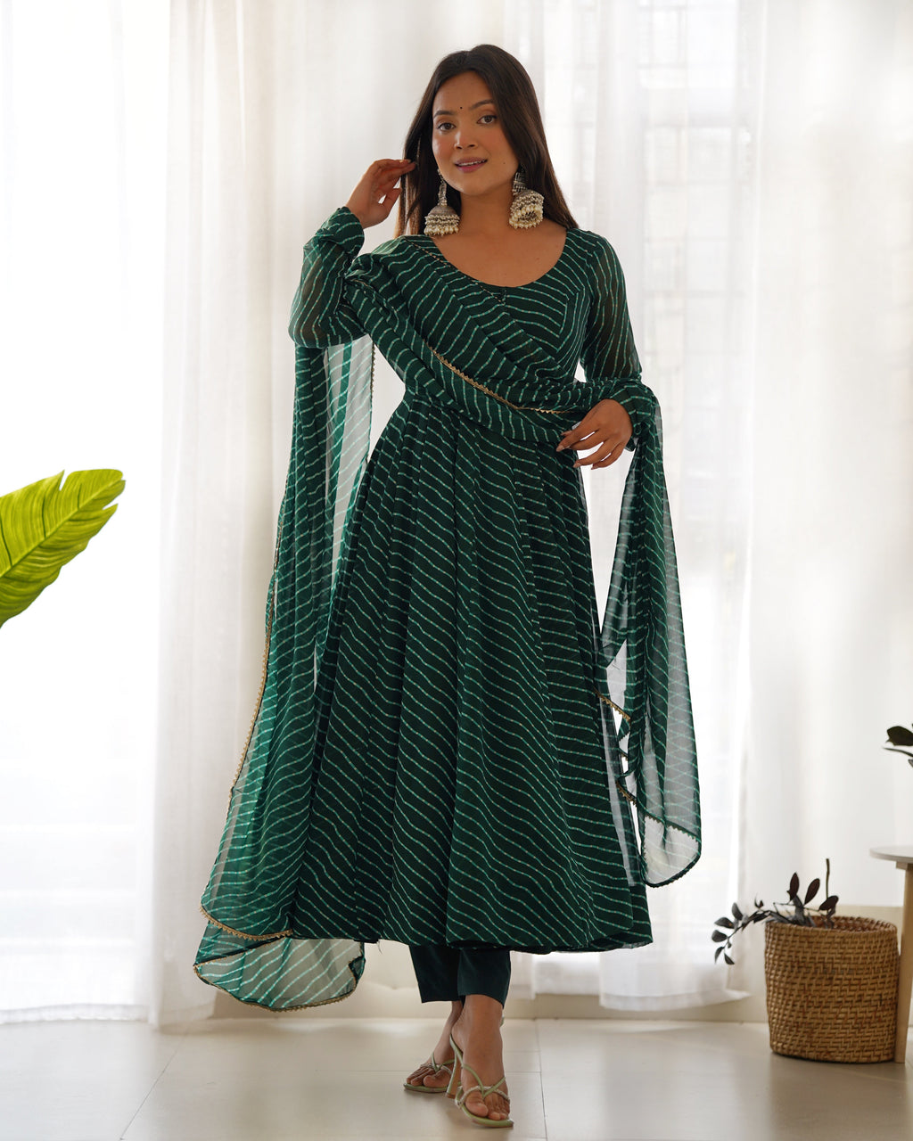 Green Color Laheriya Print Georgette Three Piece Anarkali Suit For Women
