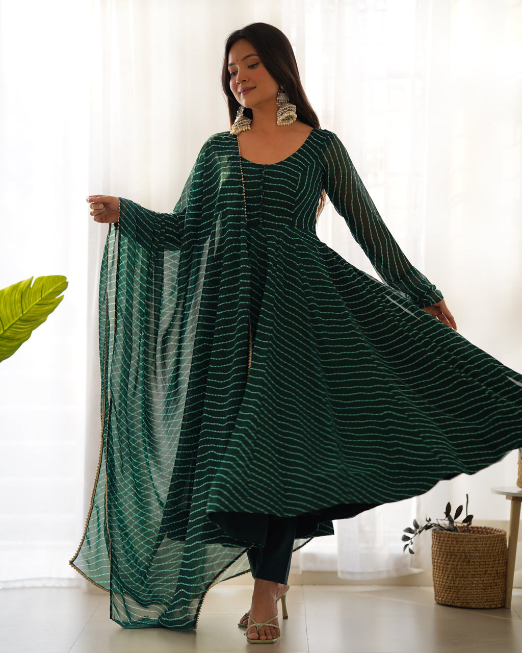Green Color Laheriya Print Georgette Three Piece Anarkali Suit For Women