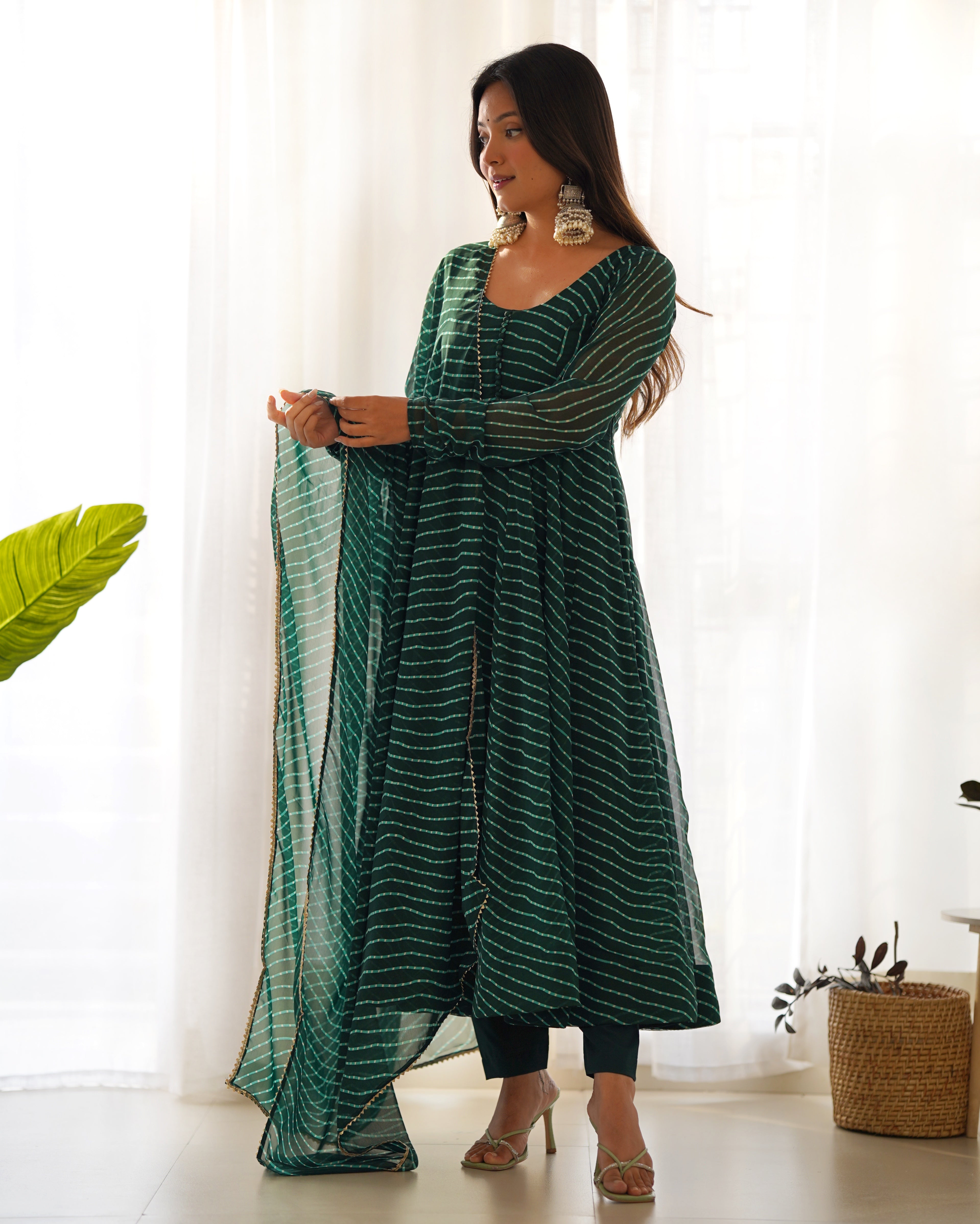 Green Color Laheriya Print Georgette Three Piece Anarkali Suit For Women