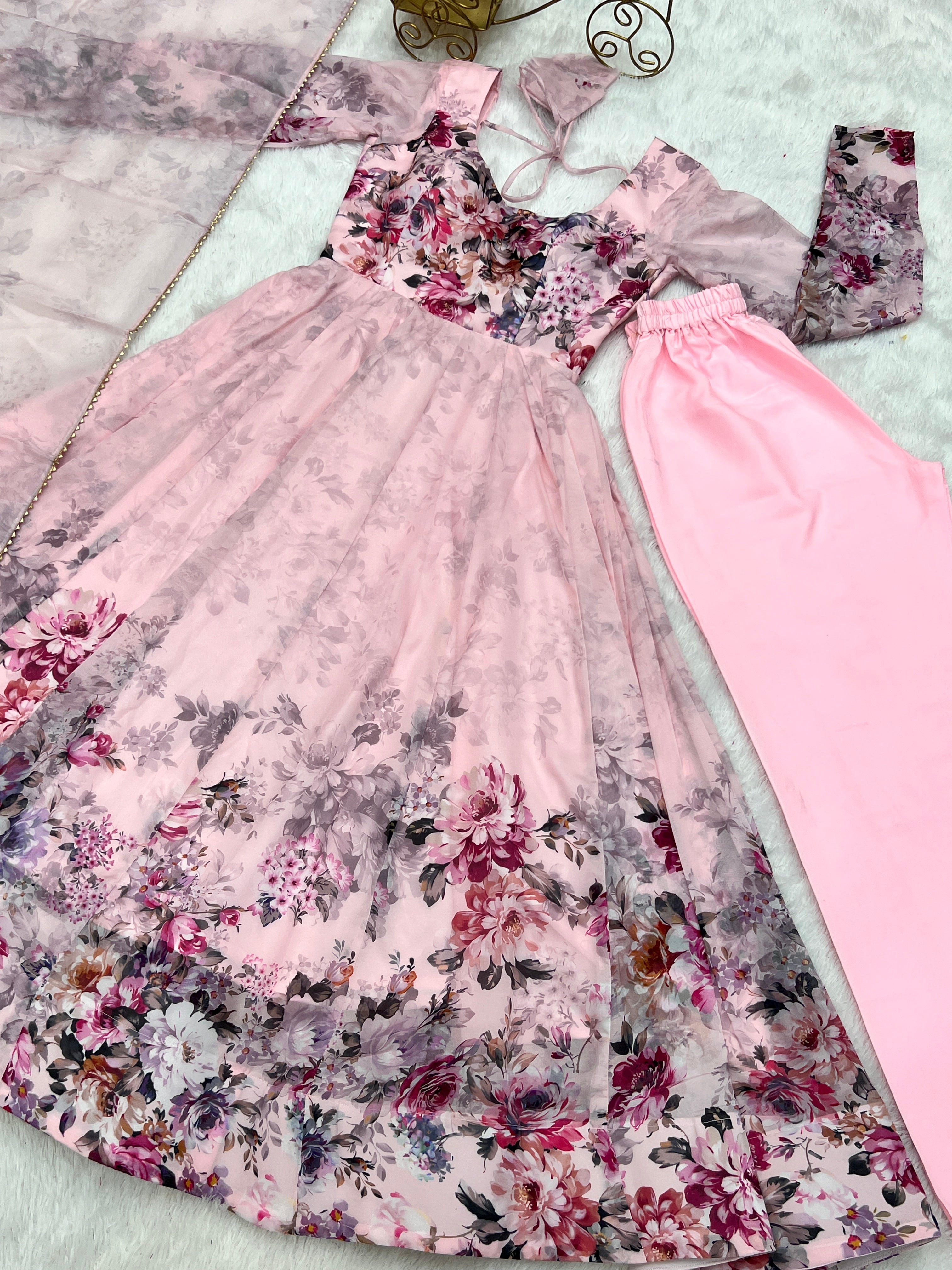 Baby Pink Color Floral Print Organza Three Piece Anarkali Suit For Women