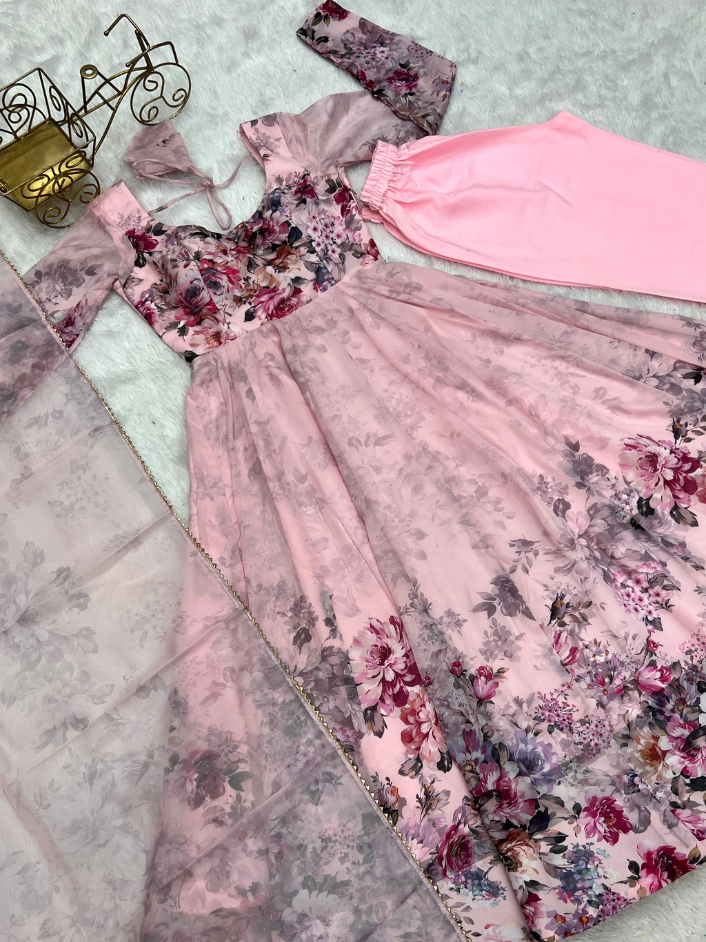 Baby Pink Color Floral Print Organza Three Piece Anarkali Suit For Women