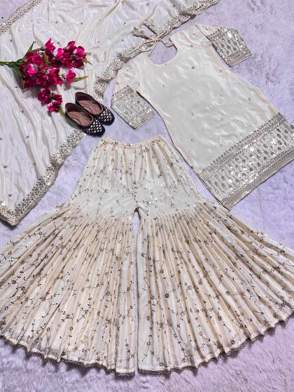 Delightful White Color Georgette Embroidery Work Sharara Suit