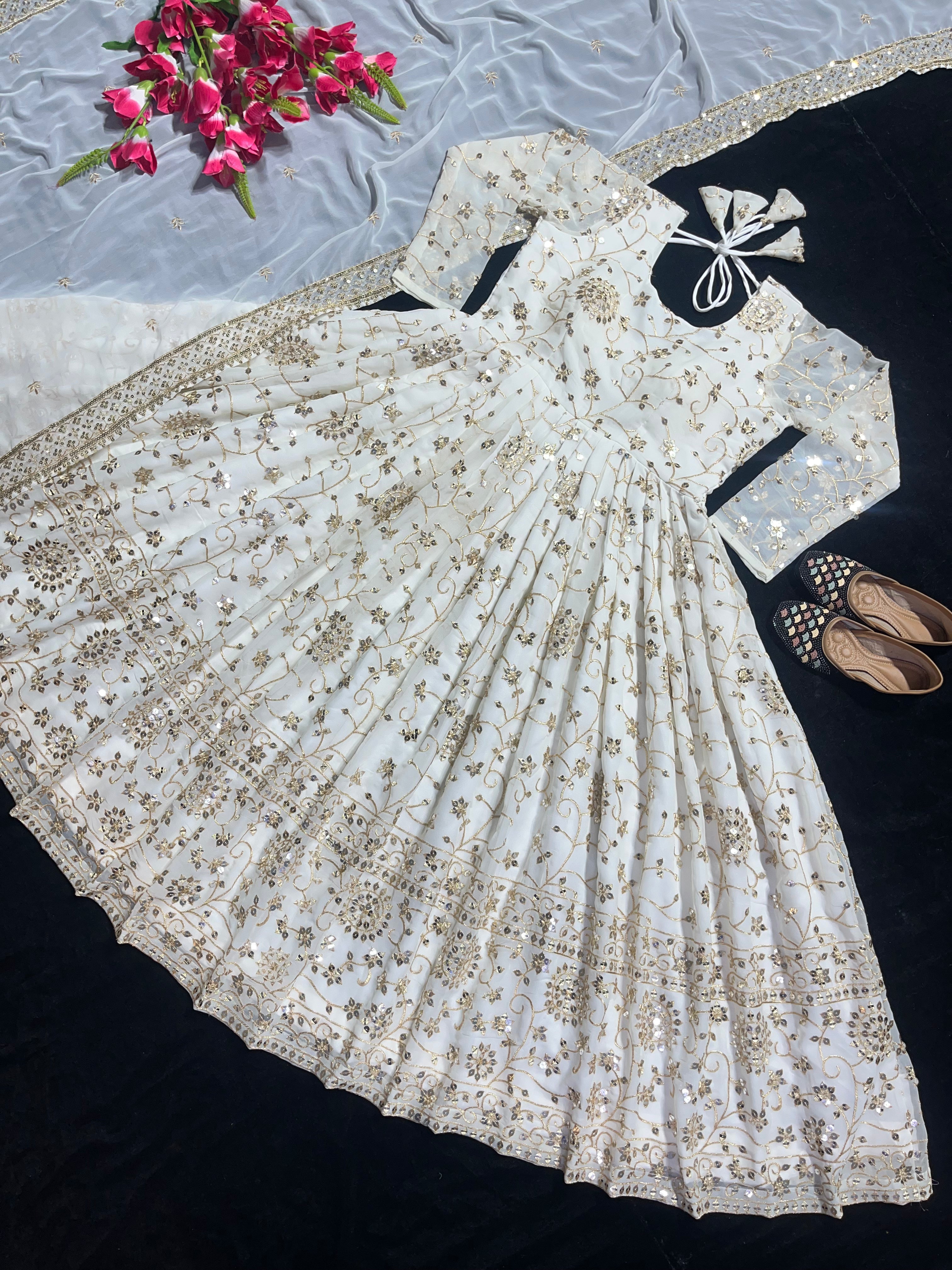 Full Heavy Work White Color Georgette Anarkali Gown