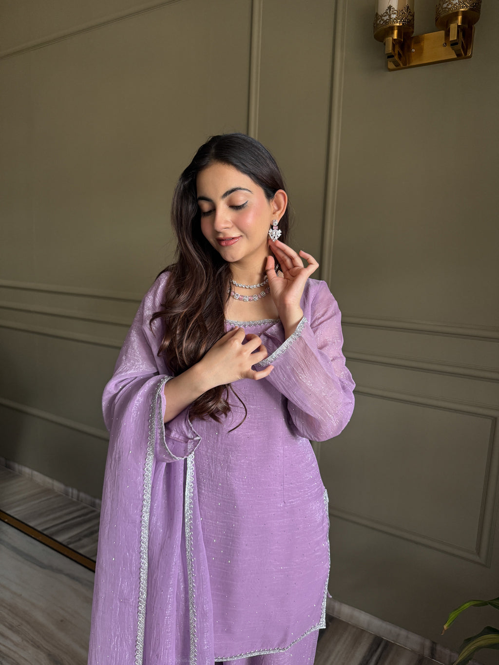 Elegant Party Wear Lavender Crunchy Silk with Swarovski Silk Salwar palazzo Suit Kurta Set – Party Wear | Farewell, Sangeet, Wedding Ready