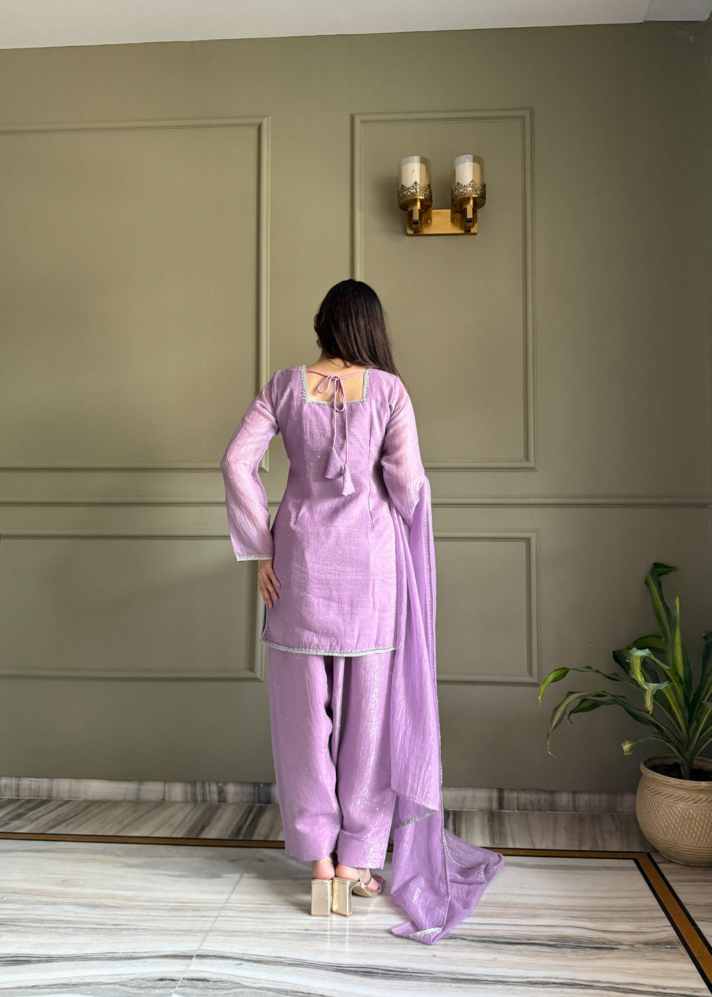 Elegant Party Wear Lavender Crunchy Silk with Swarovski Silk Salwar palazzo Suit Kurta Set – Party Wear | Farewell, Sangeet, Wedding Ready