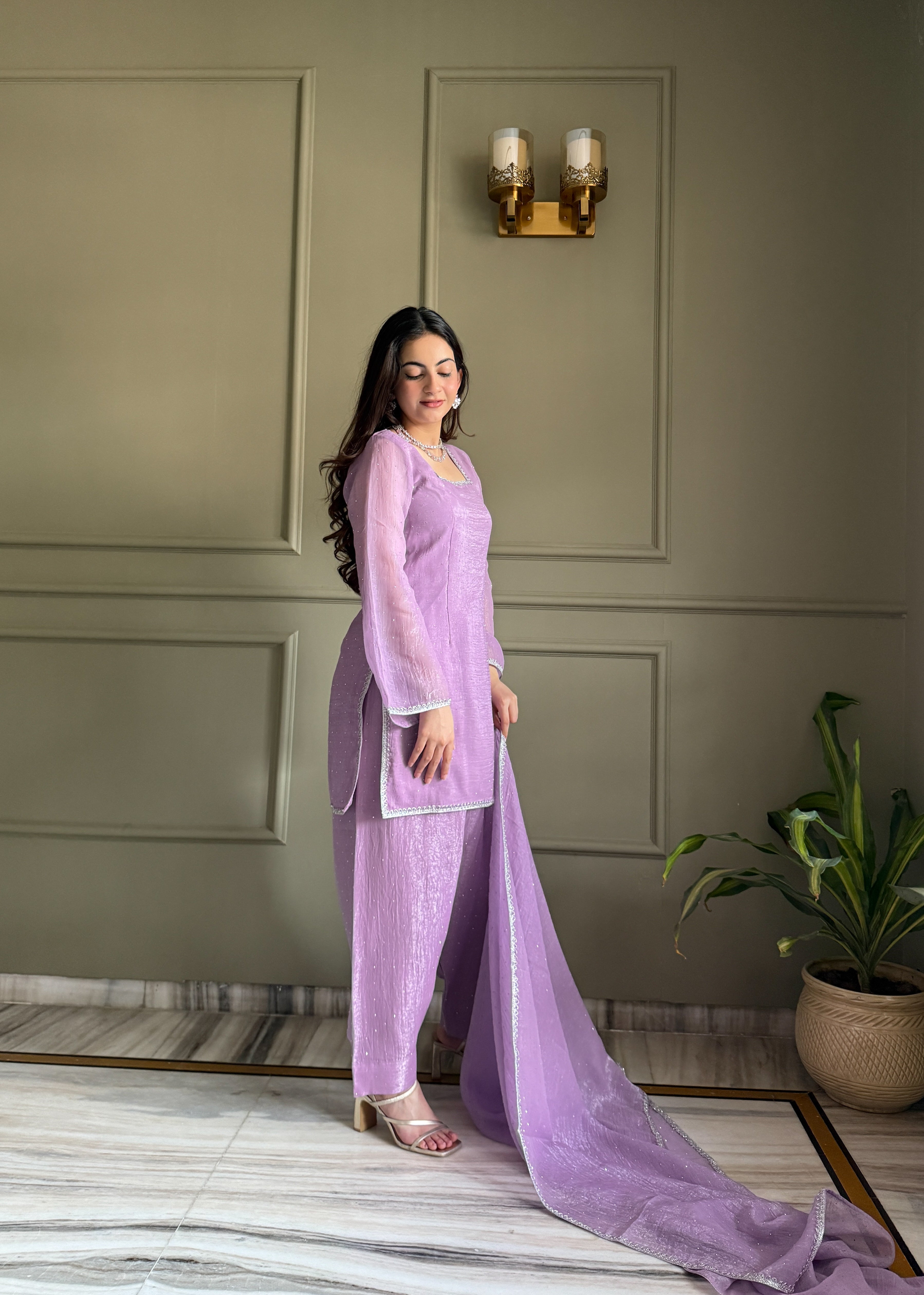 Elegant Party Wear Lavender Crunchy Silk with Swarovski Silk Salwar palazzo Suit Kurta Set – Party Wear | Farewell, Sangeet, Wedding Ready