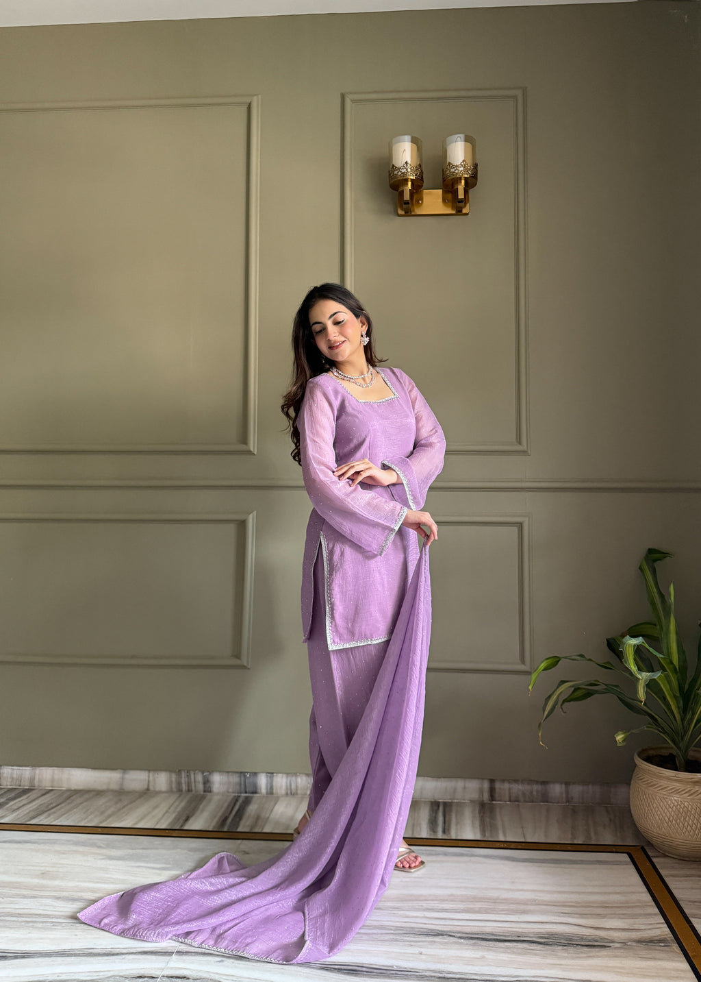 Elegant Party Wear Lavender Crunchy Silk with Swarovski Silk Salwar palazzo Suit Kurta Set – Party Wear | Farewell, Sangeet, Wedding Ready