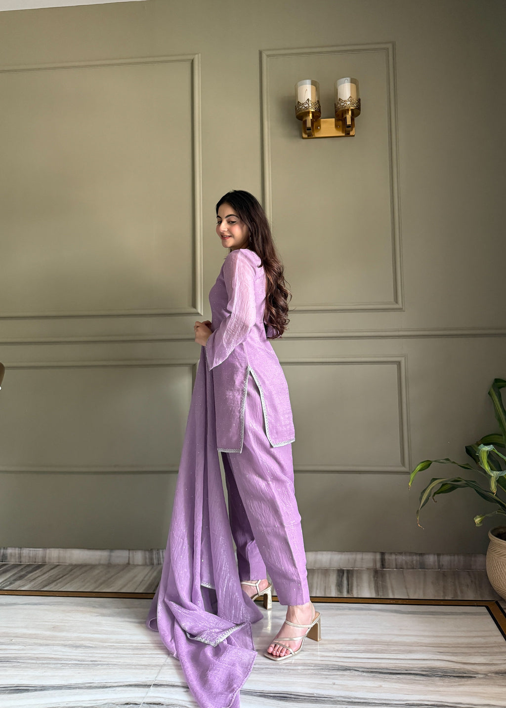 Elegant Party Wear Lavender Crunchy Silk with Swarovski Silk Salwar palazzo Suit Kurta Set – Party Wear | Farewell, Sangeet, Wedding Ready