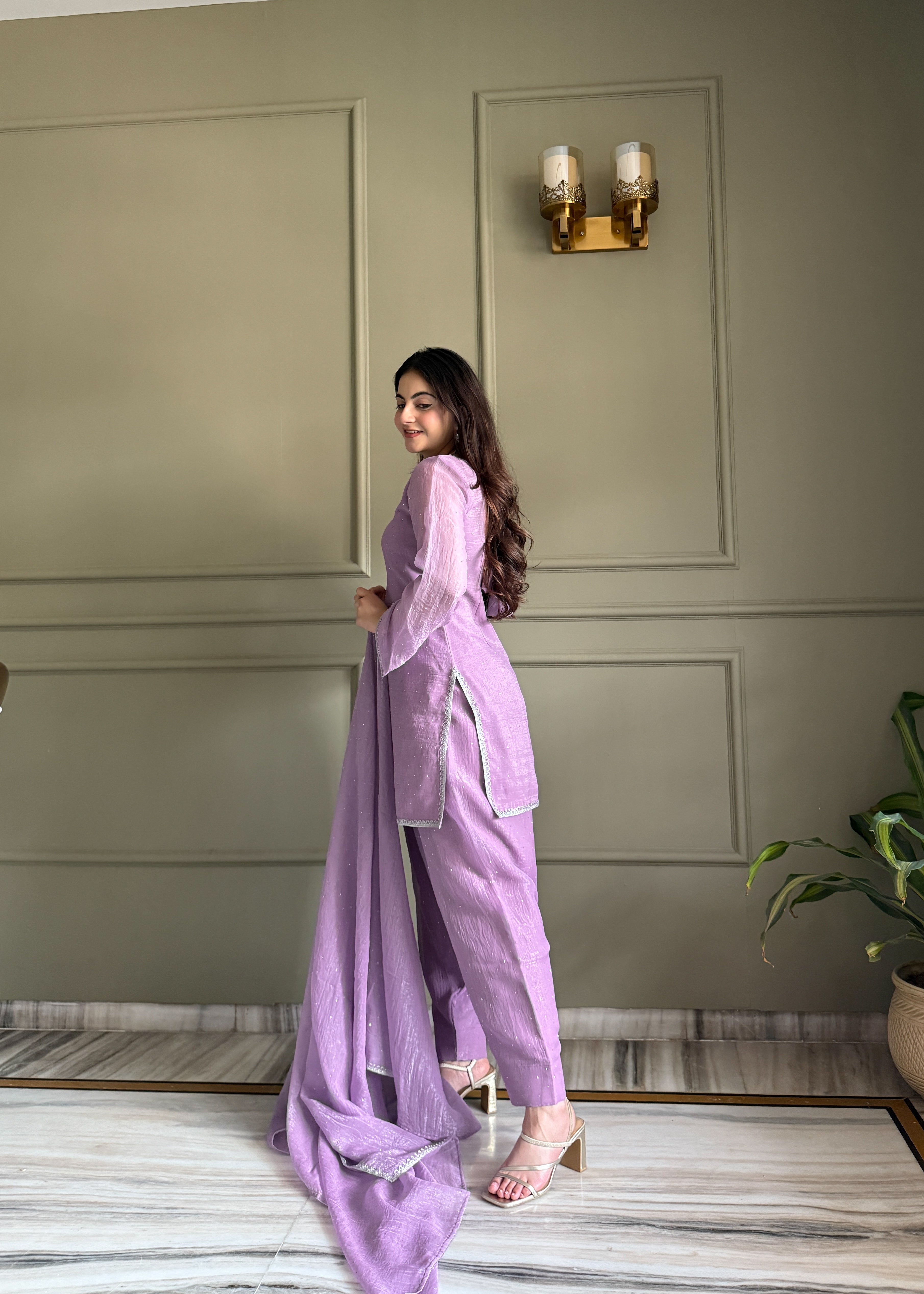 Elegant Party Wear Lavender Crunchy Silk with Swarovski Silk Salwar palazzo Suit Kurta Set – Party Wear | Farewell, Sangeet, Wedding Ready