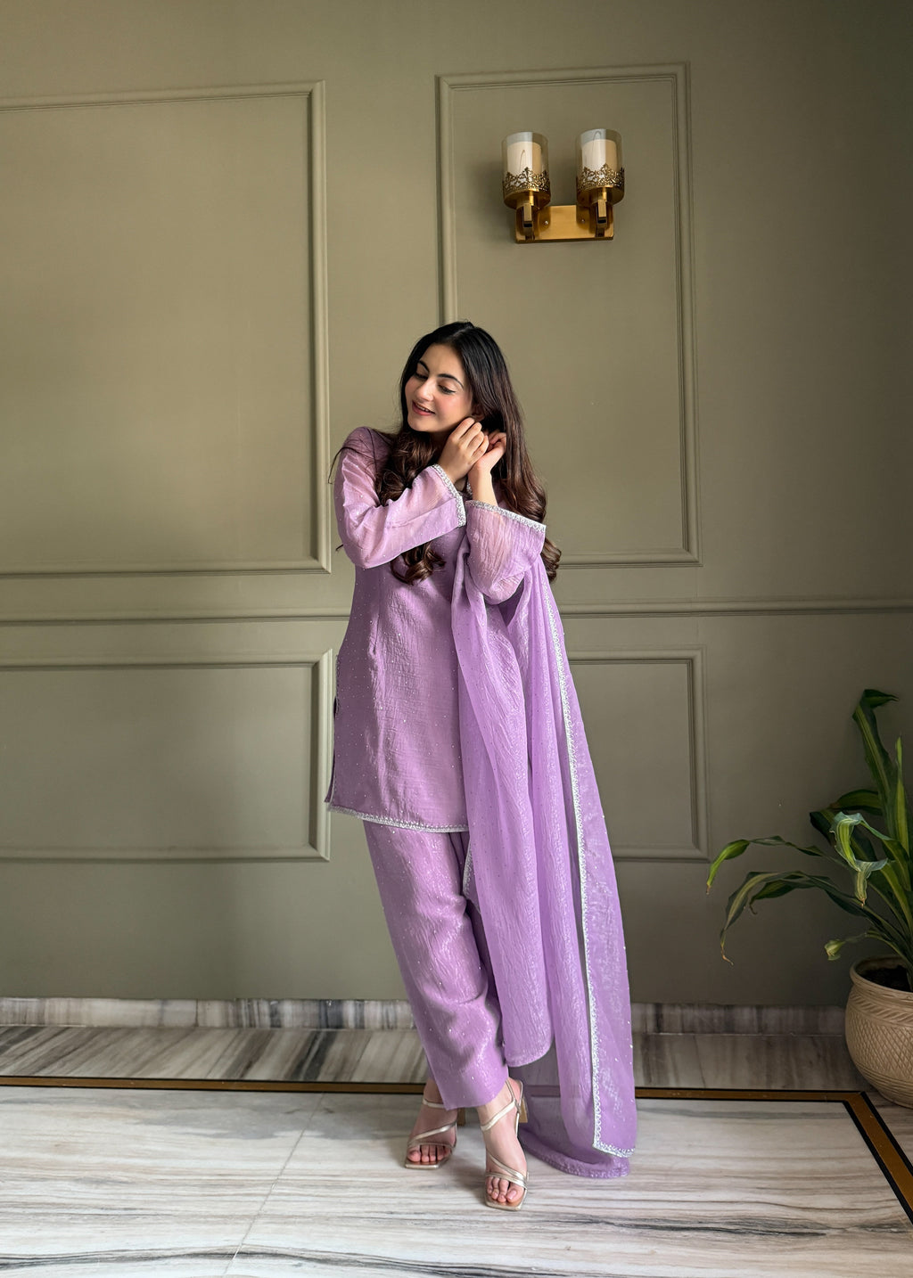 Elegant Party Wear Lavender Crunchy Silk with Swarovski Silk Salwar palazzo Suit Kurta Set – Party Wear | Farewell, Sangeet, Wedding Ready