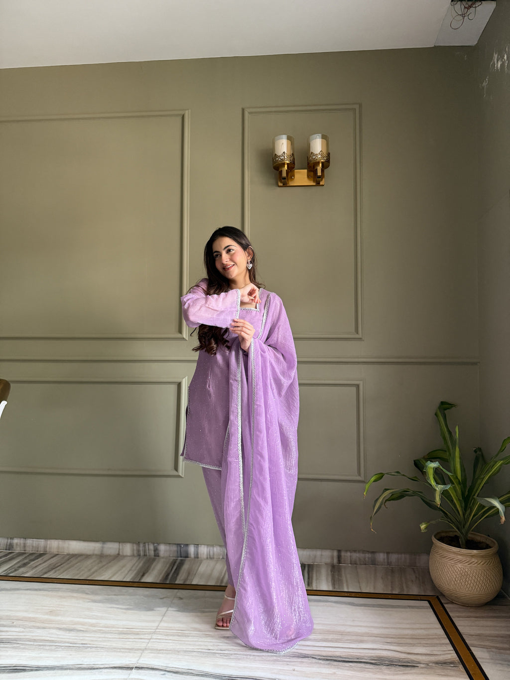 Elegant Party Wear Lavender Crunchy Silk with Swarovski Silk Salwar palazzo Suit Kurta Set – Party Wear | Farewell, Sangeet, Wedding Ready