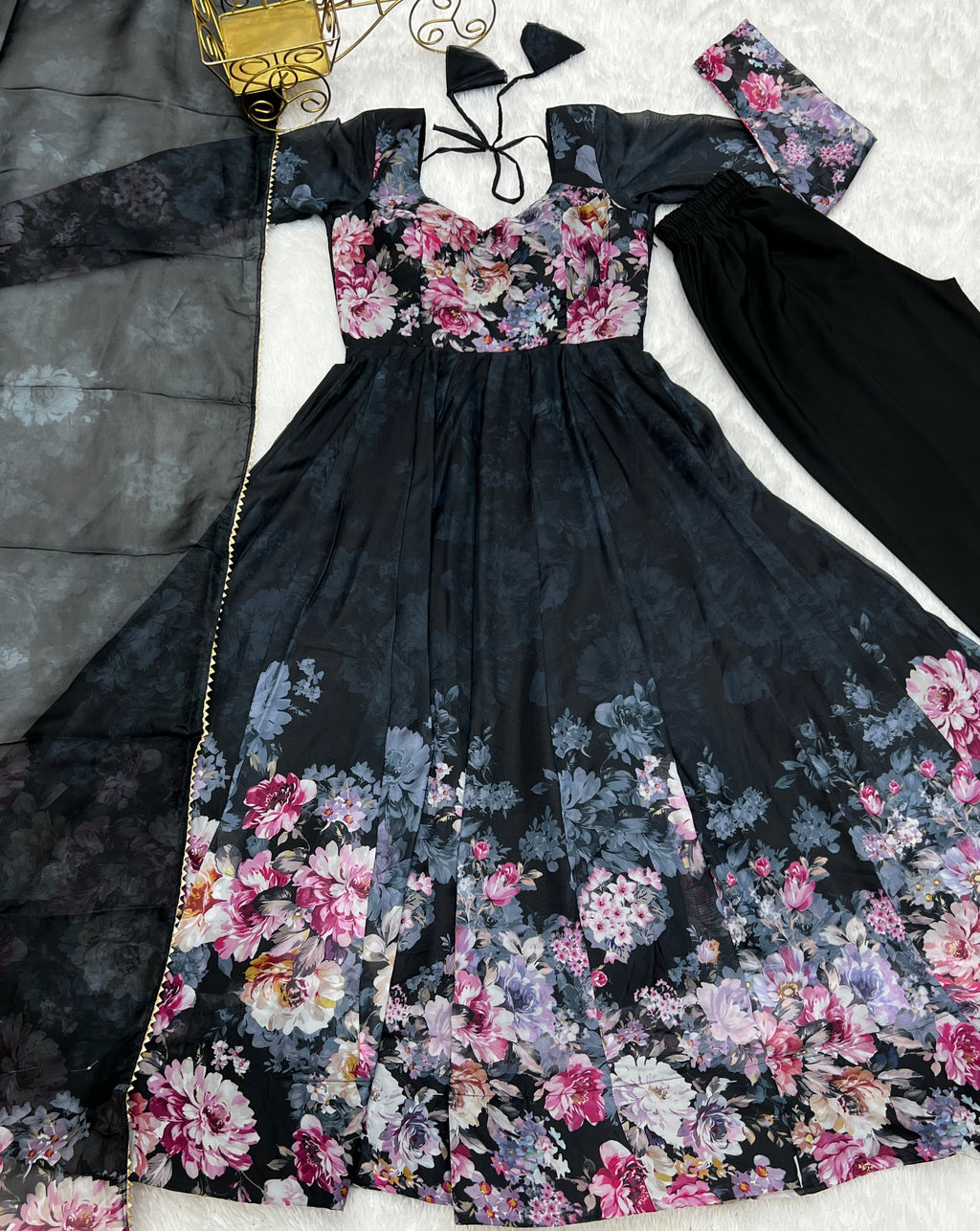 Black Color Floral Print Organza Three Piece Anarkali Suit For Women