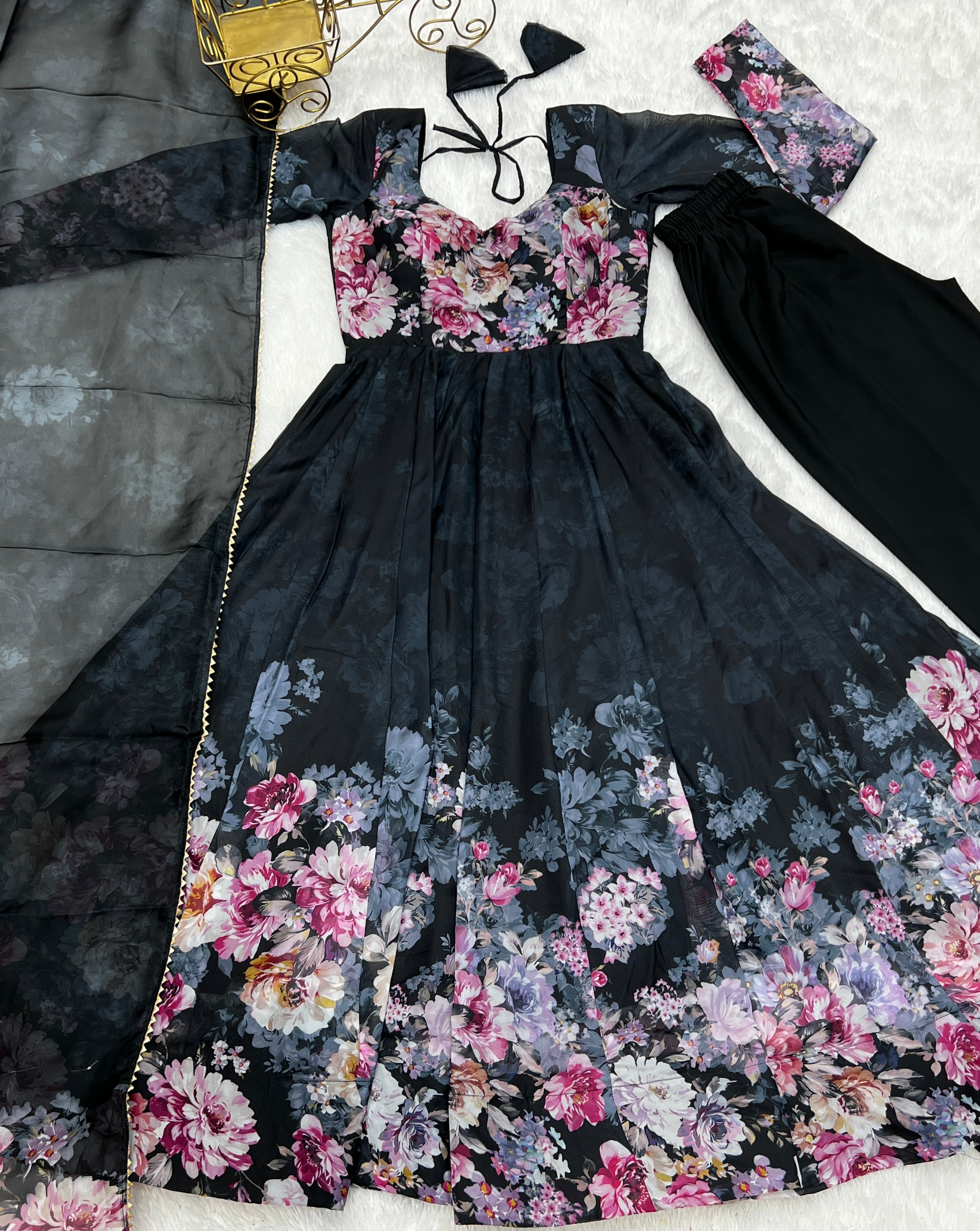 Black Color Floral Print Organza Three Piece Anarkali Suit For Women
