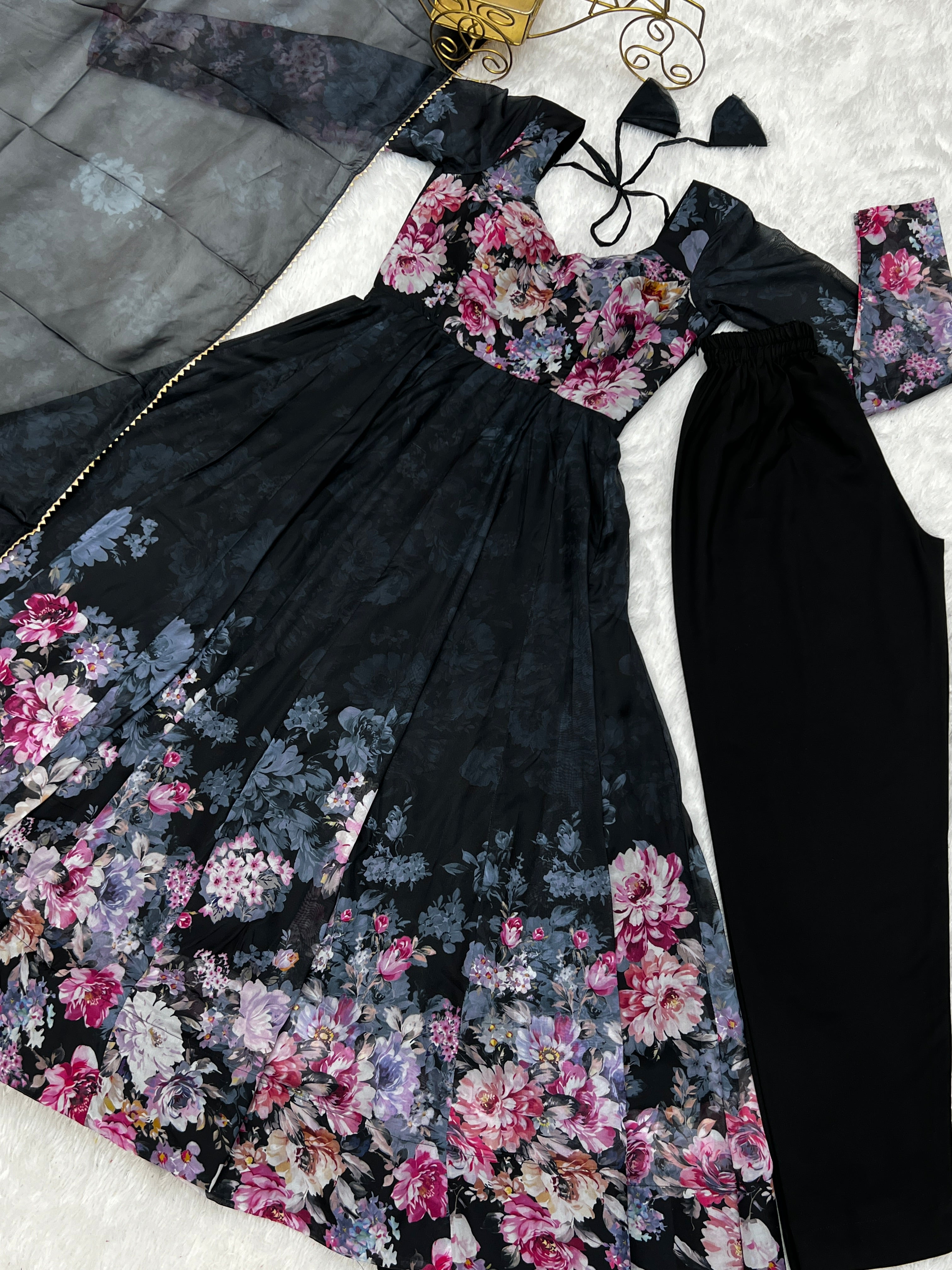 Black Color Floral Print Organza Three Piece Anarkali Suit For Women