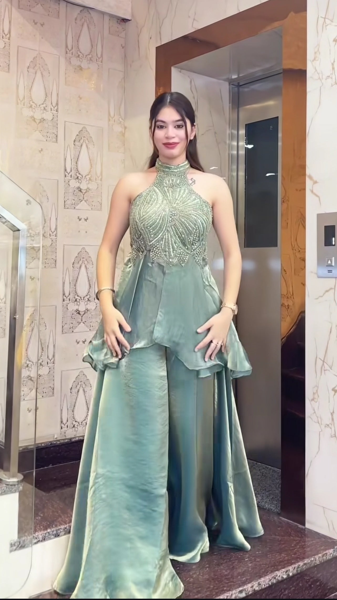 Heavy Fandy Silk Handwork Halter Neck Sharara Palazzo Set