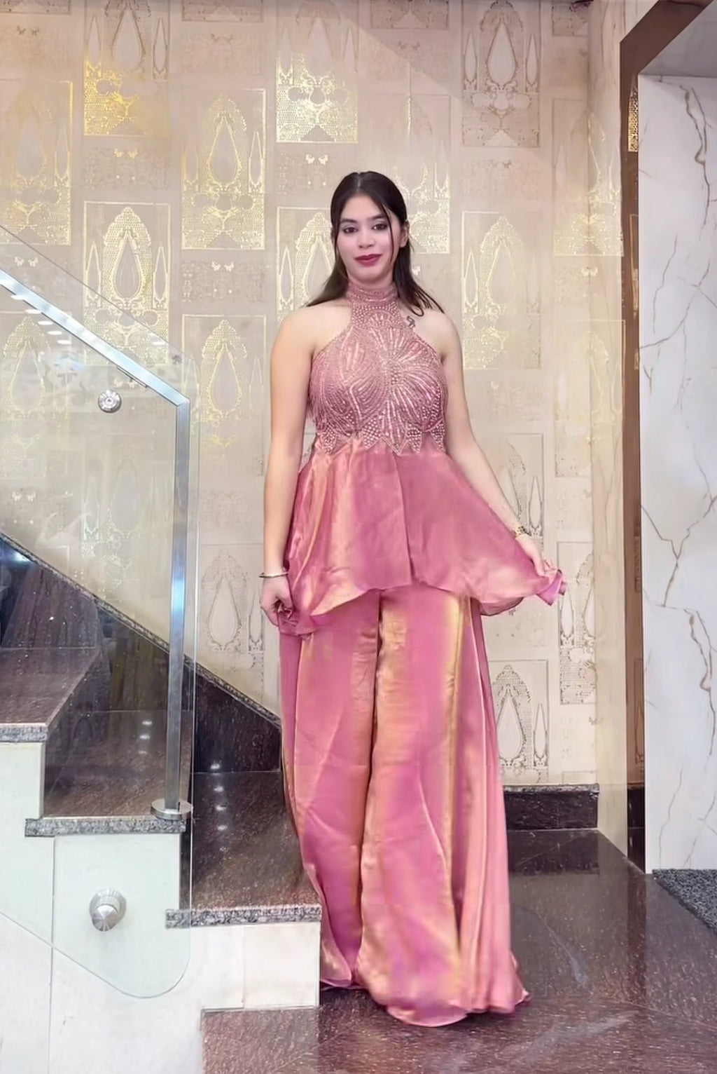 Heavy Fandy Silk Handwork Halter Neck Sharara Palazzo Set