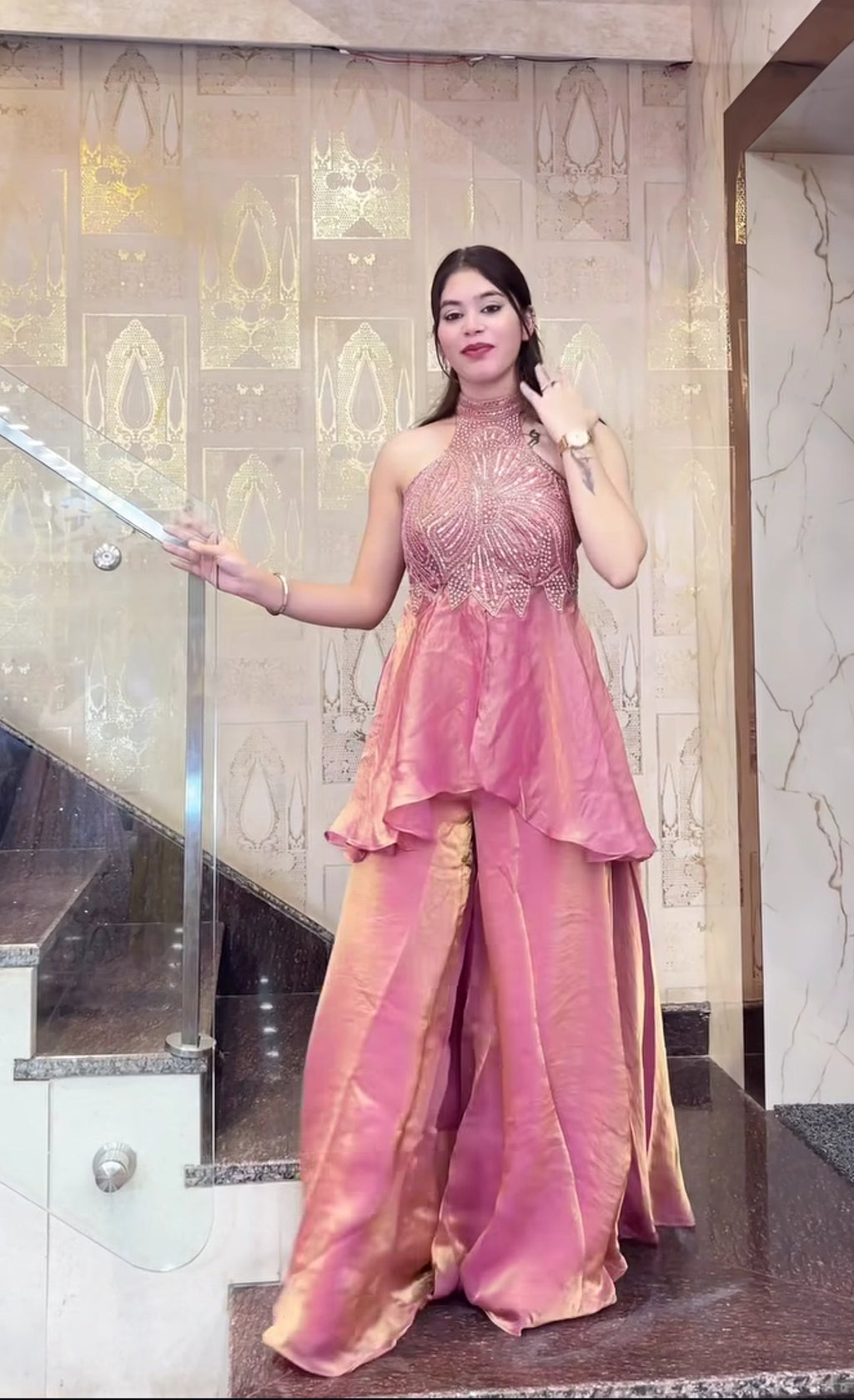 Heavy Fandy Silk Handwork Halter Neck Sharara Palazzo Set