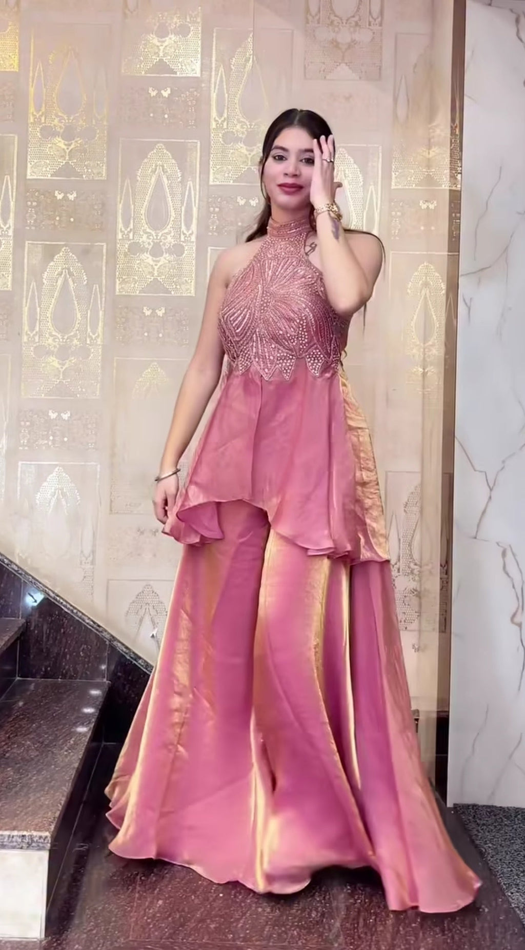 Heavy Fandy Silk Handwork Halter Neck Sharara Palazzo Set