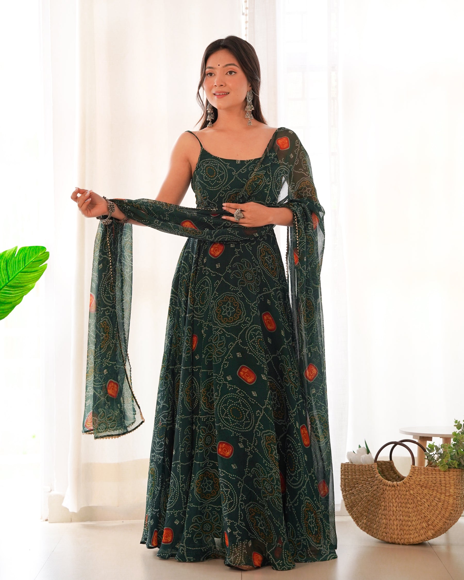 Rani Pink Bandhej Chiffon Anarkali Suit Set with Dupatta | Designer Party Wear Gown Set for Women