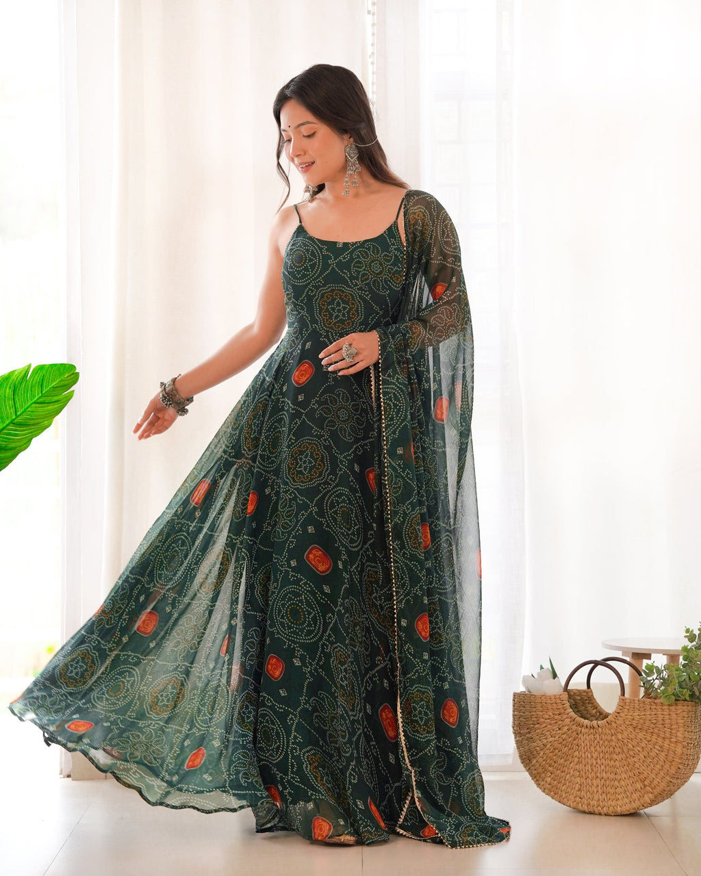 Rani Pink Bandhej Chiffon Anarkali Suit Set with Dupatta | Designer Party Wear Gown Set for Women