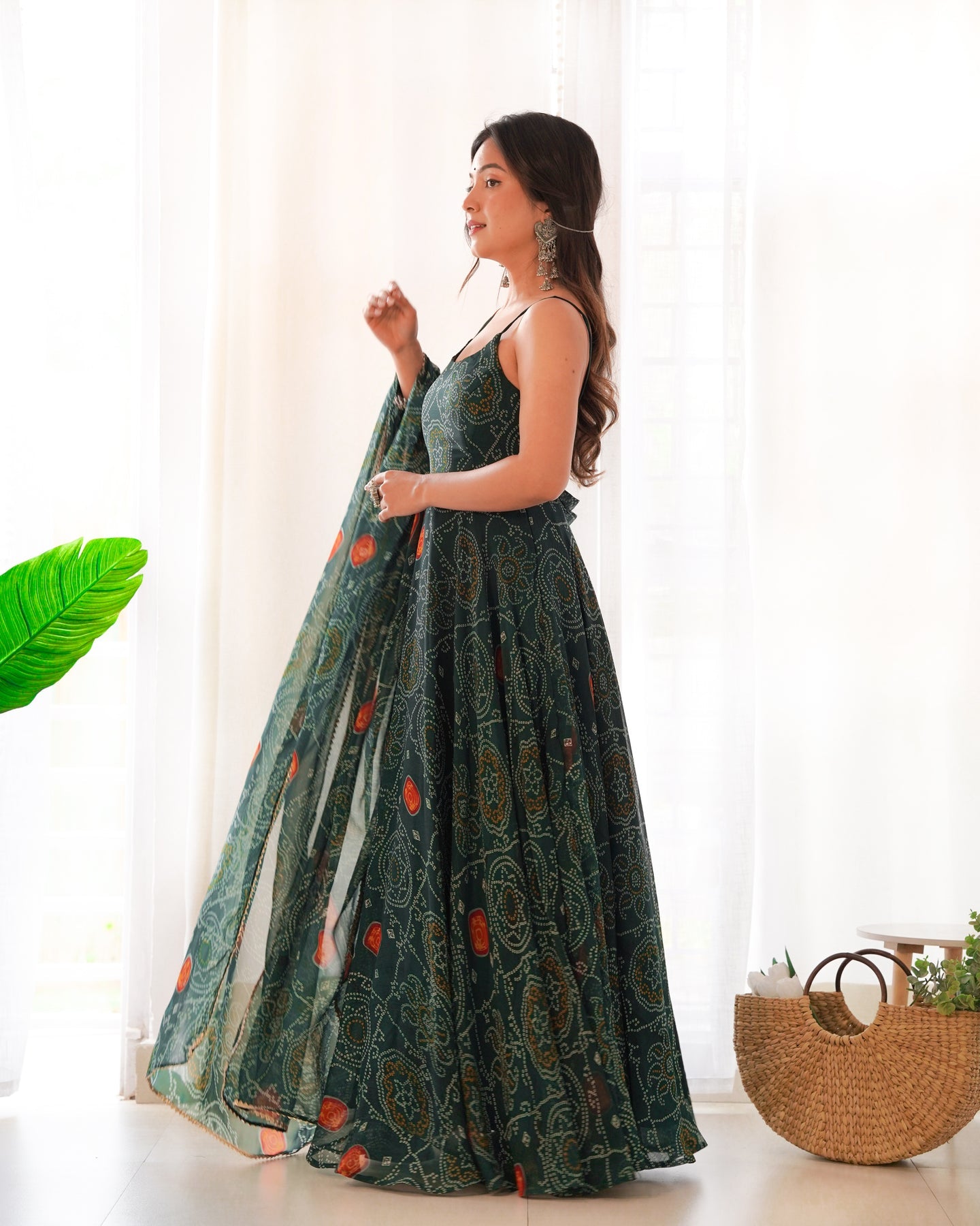 Rani Pink Bandhej Chiffon Anarkali Suit Set with Dupatta | Designer Party Wear Gown Set for Women