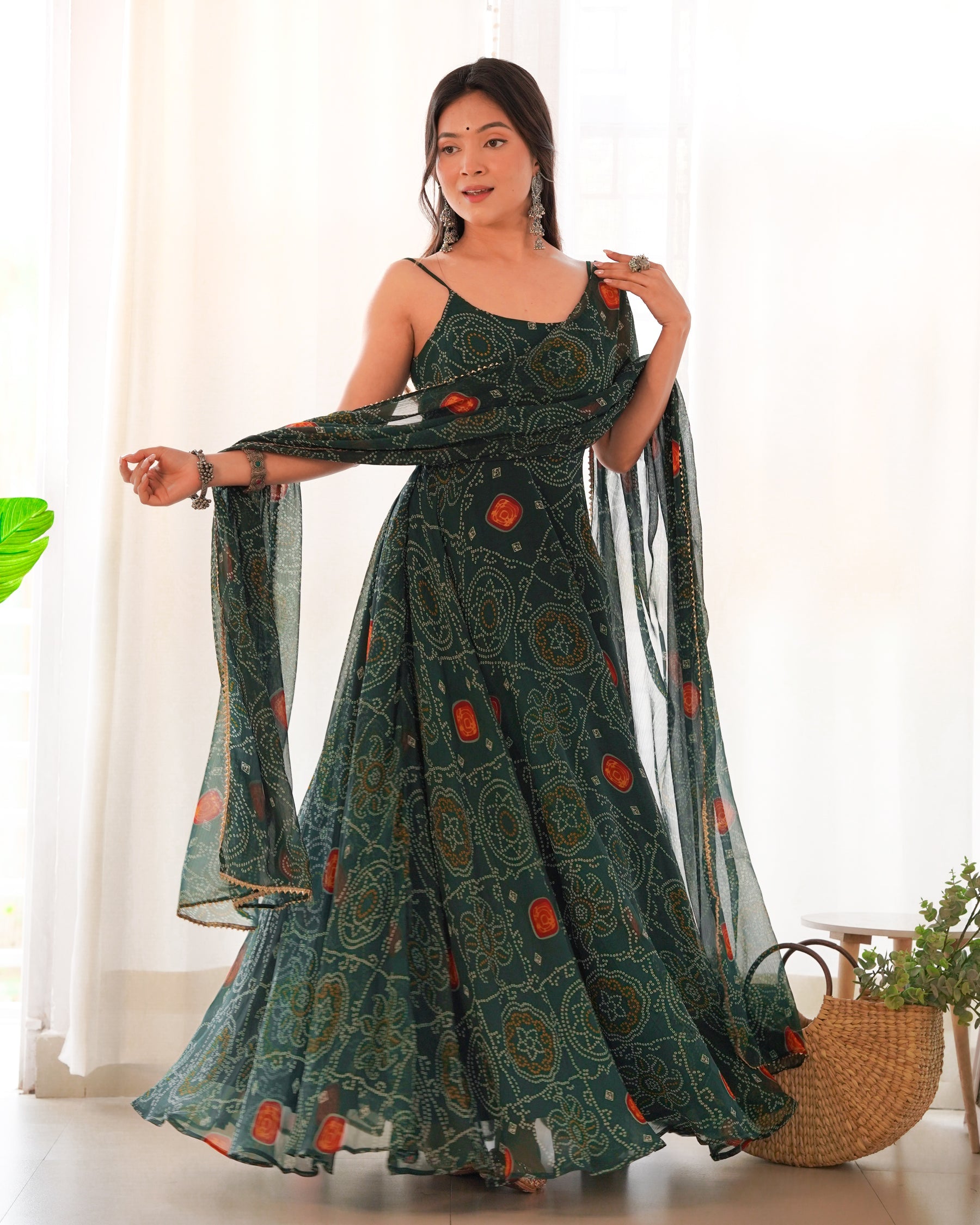 Rani Pink Bandhej Chiffon Anarkali Suit Set with Dupatta | Designer Party Wear Gown Set for Women