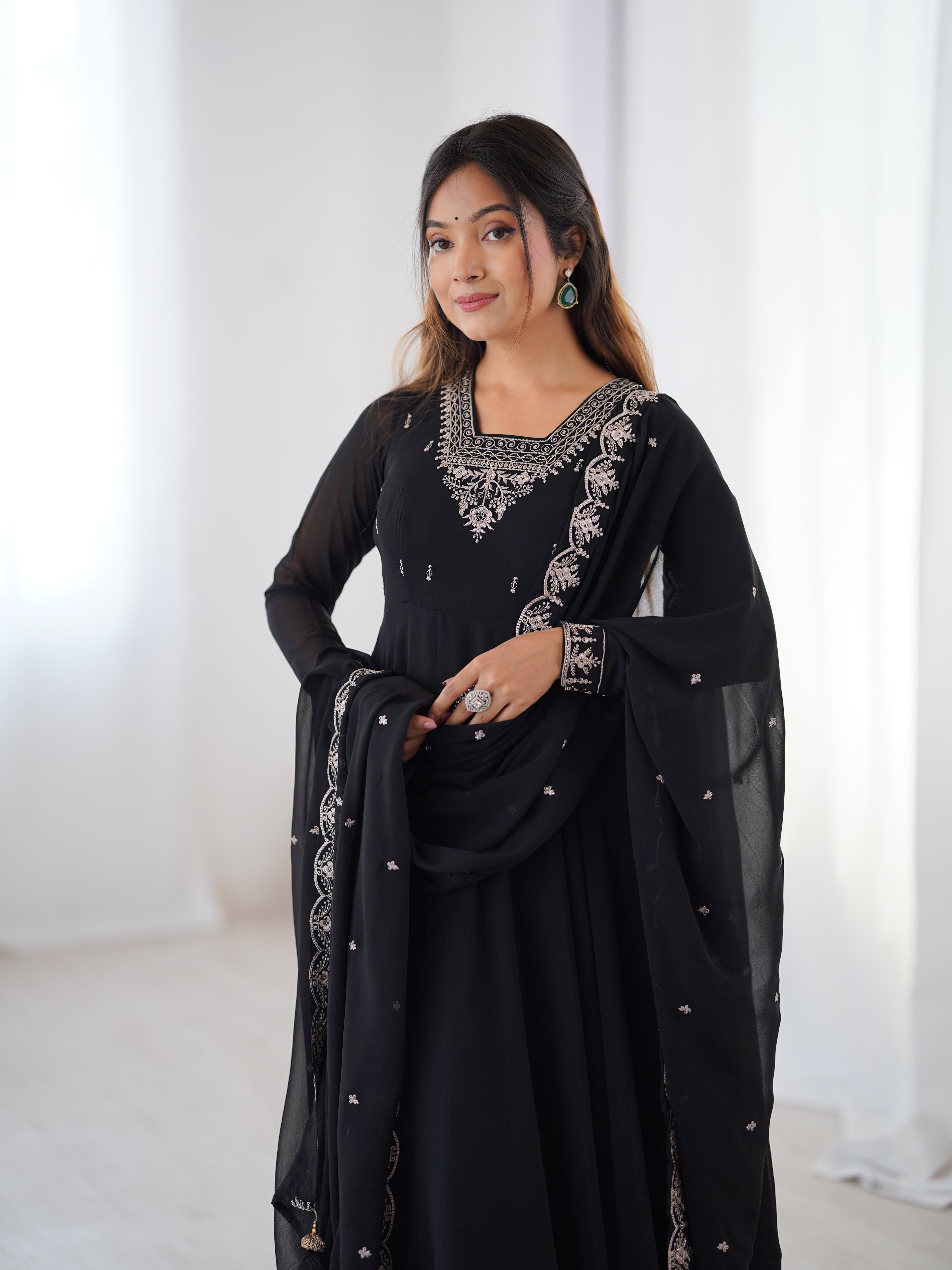 Black Embroidered Georgette Anarkali Set | Anarkali Suit For Women