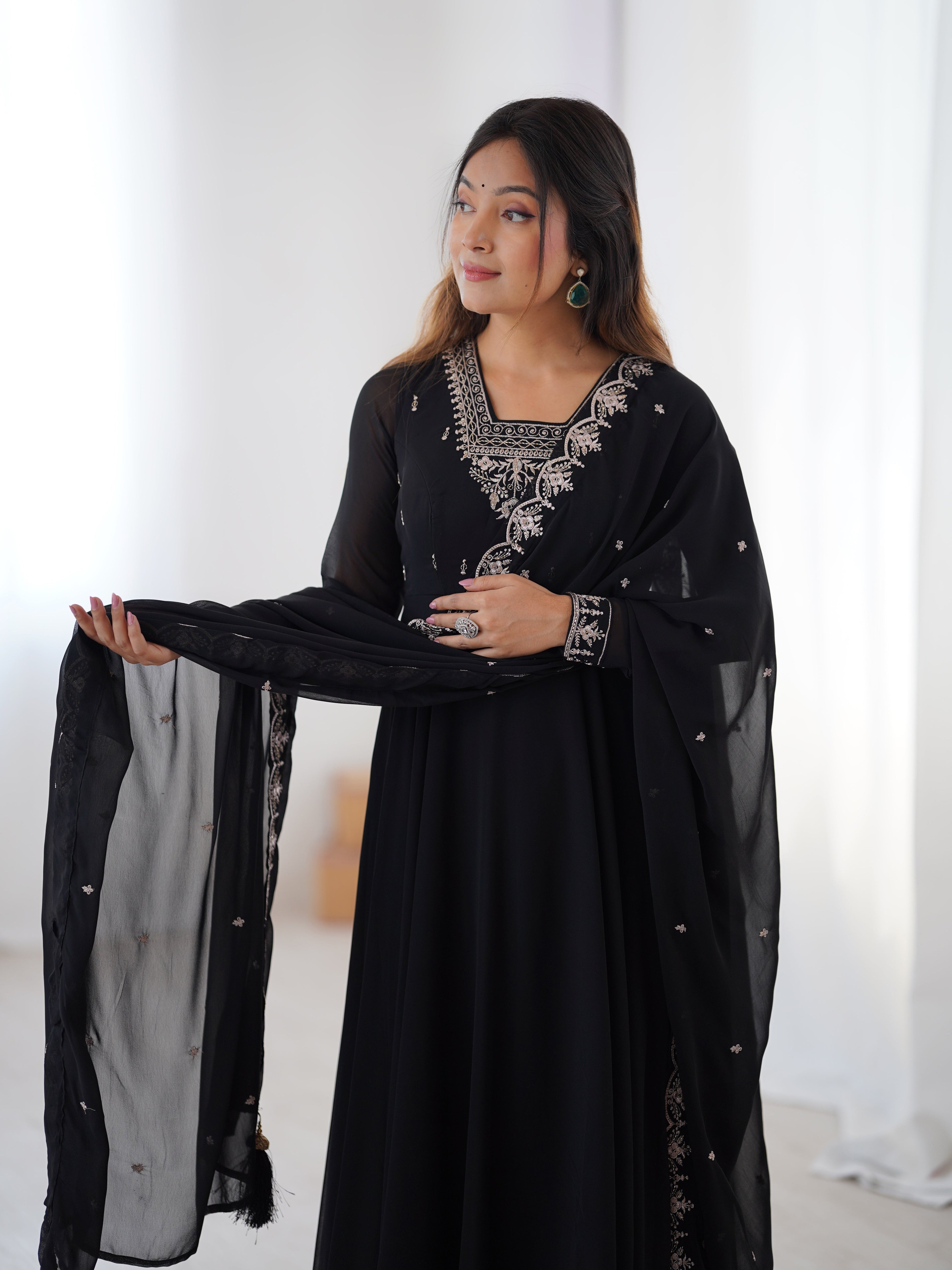 Black Embroidered Georgette Anarkali Set | Anarkali Suit For Women