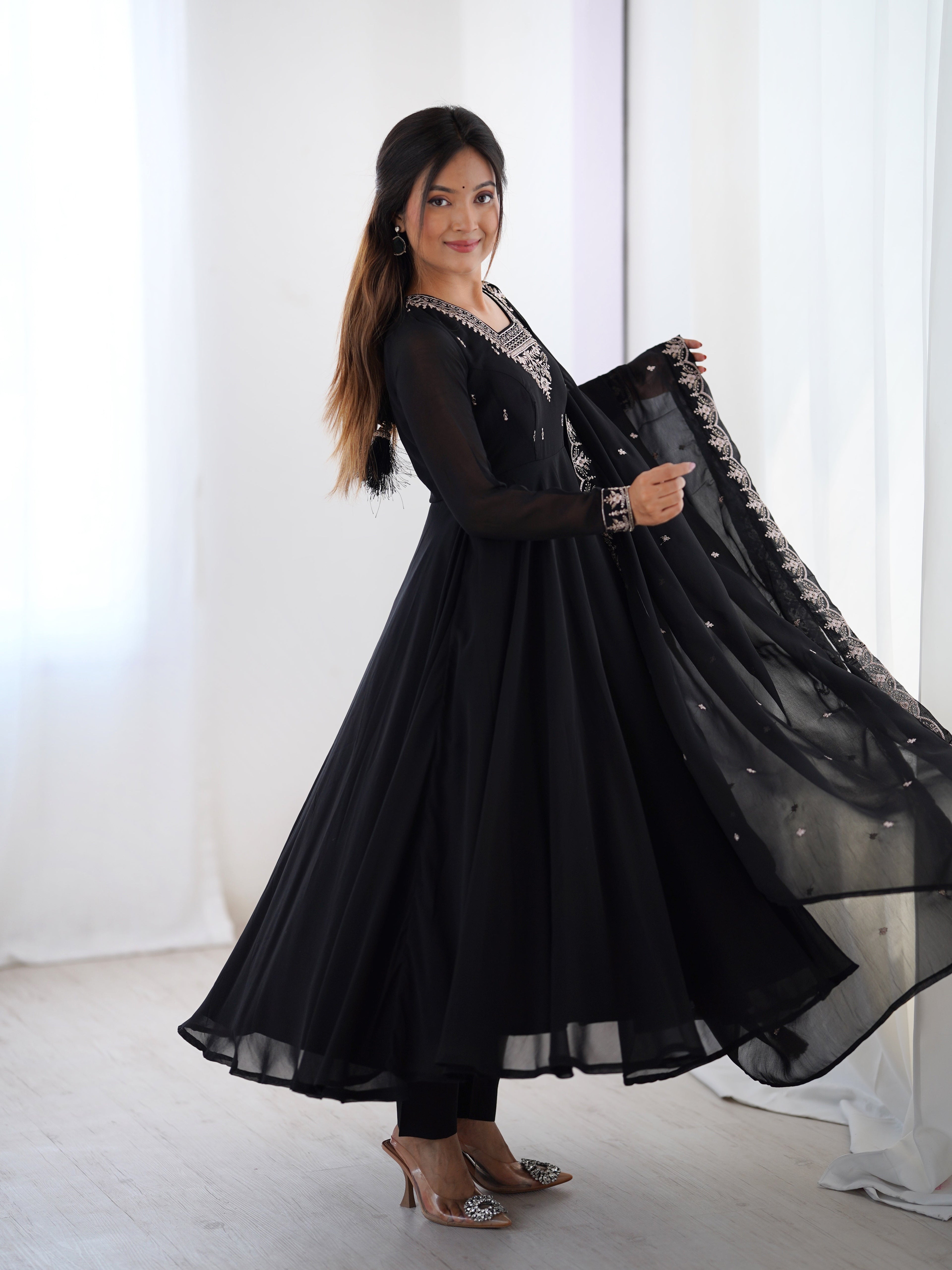 Black Embroidered Georgette Anarkali Set | Anarkali Suit For Women