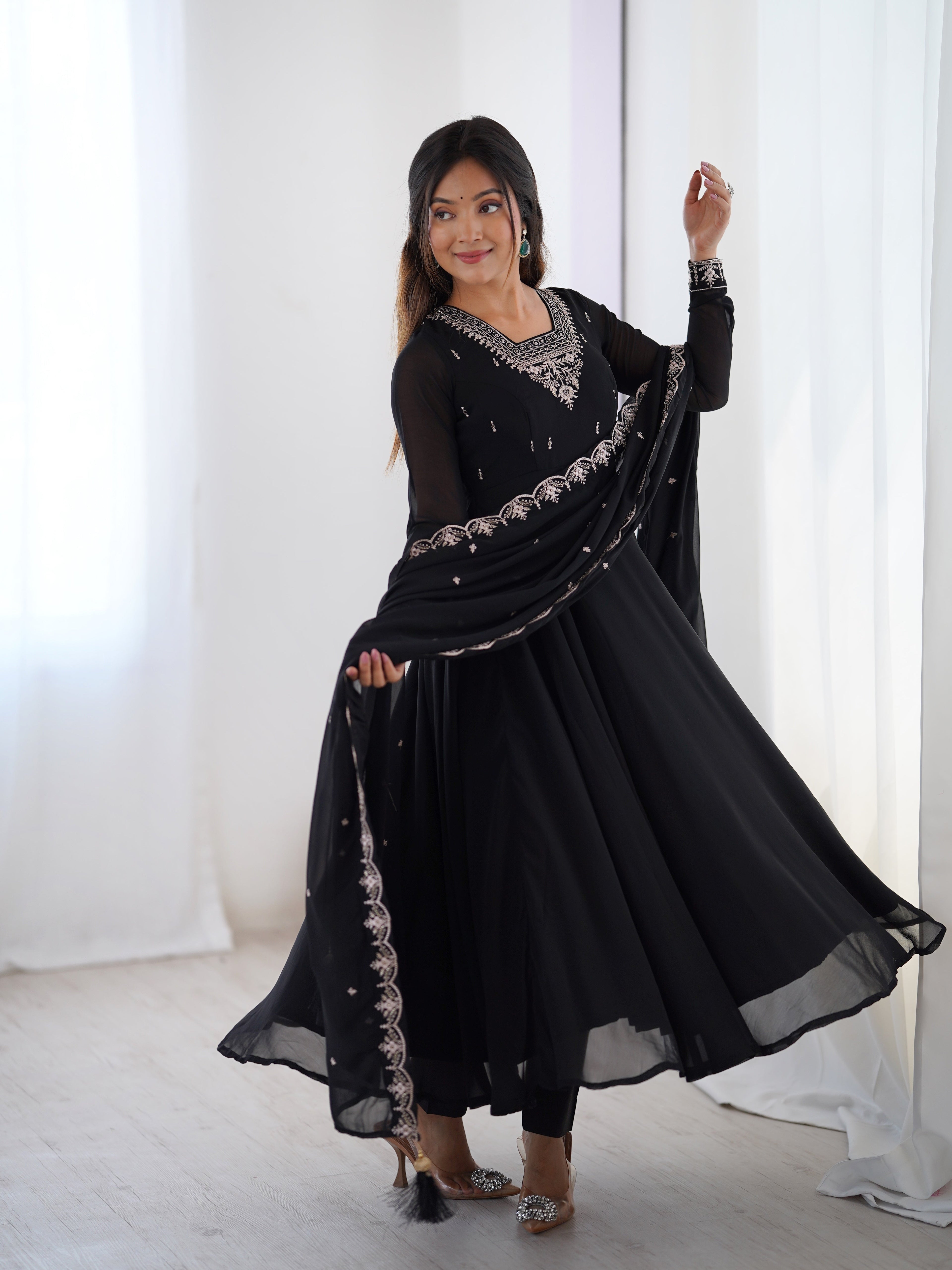 Black Embroidered Georgette Anarkali Set | Anarkali Suit For Women