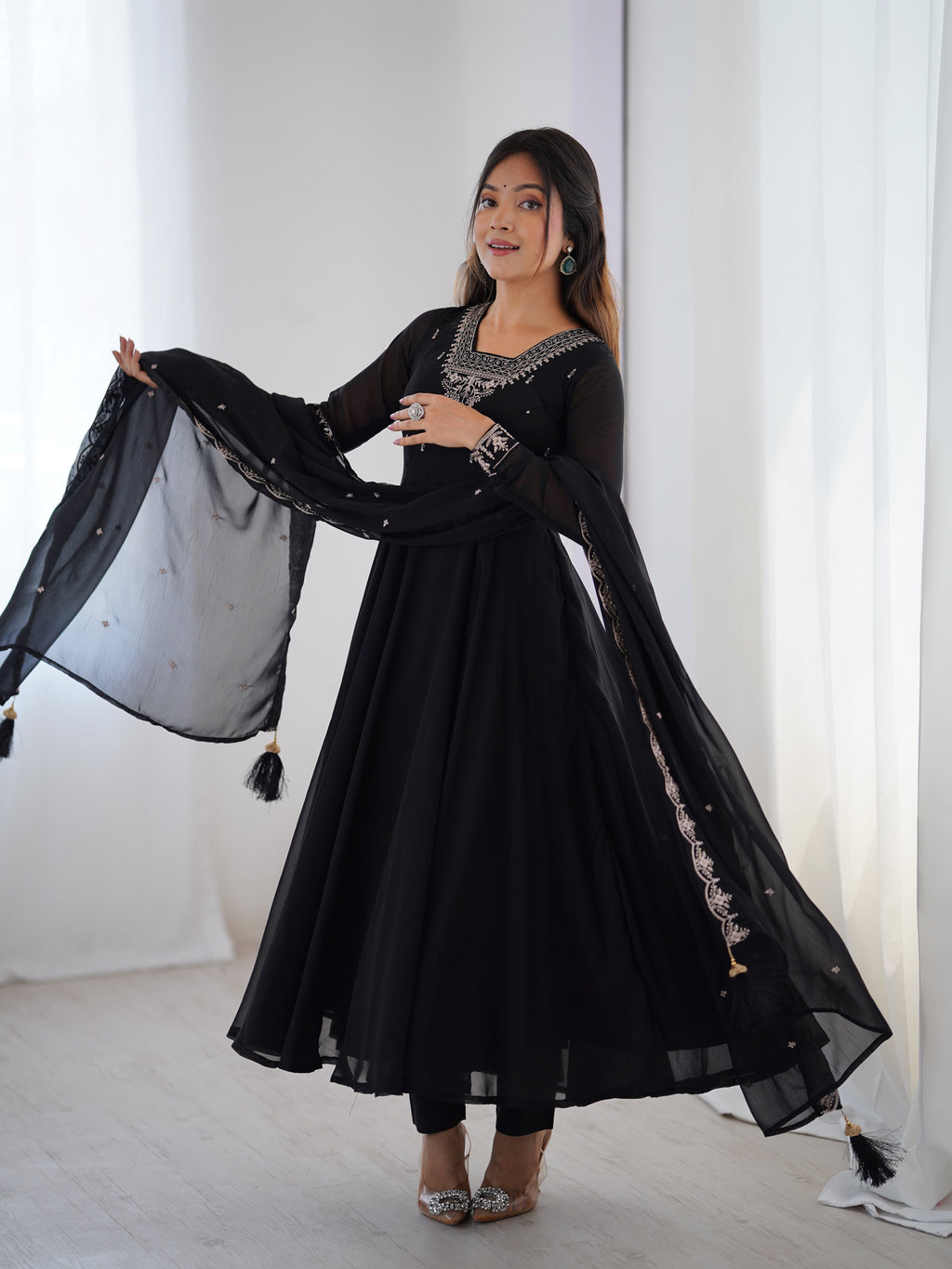 Black Embroidered Georgette Anarkali Set | Anarkali Suit For Women