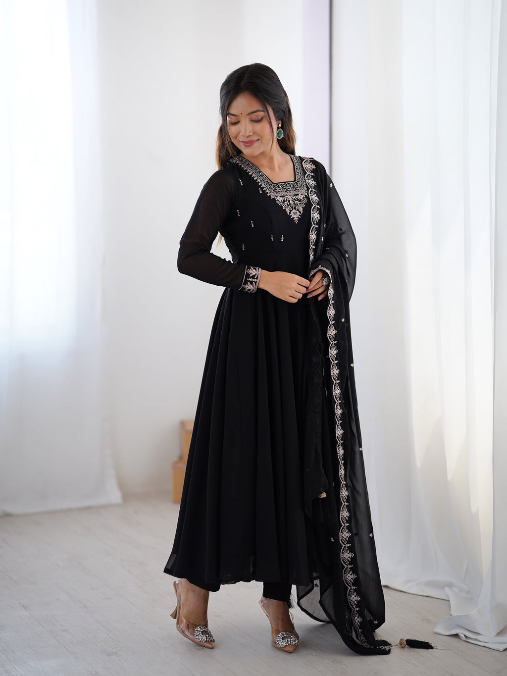 Black Embroidered Georgette Anarkali Set | Anarkali Suit For Women
