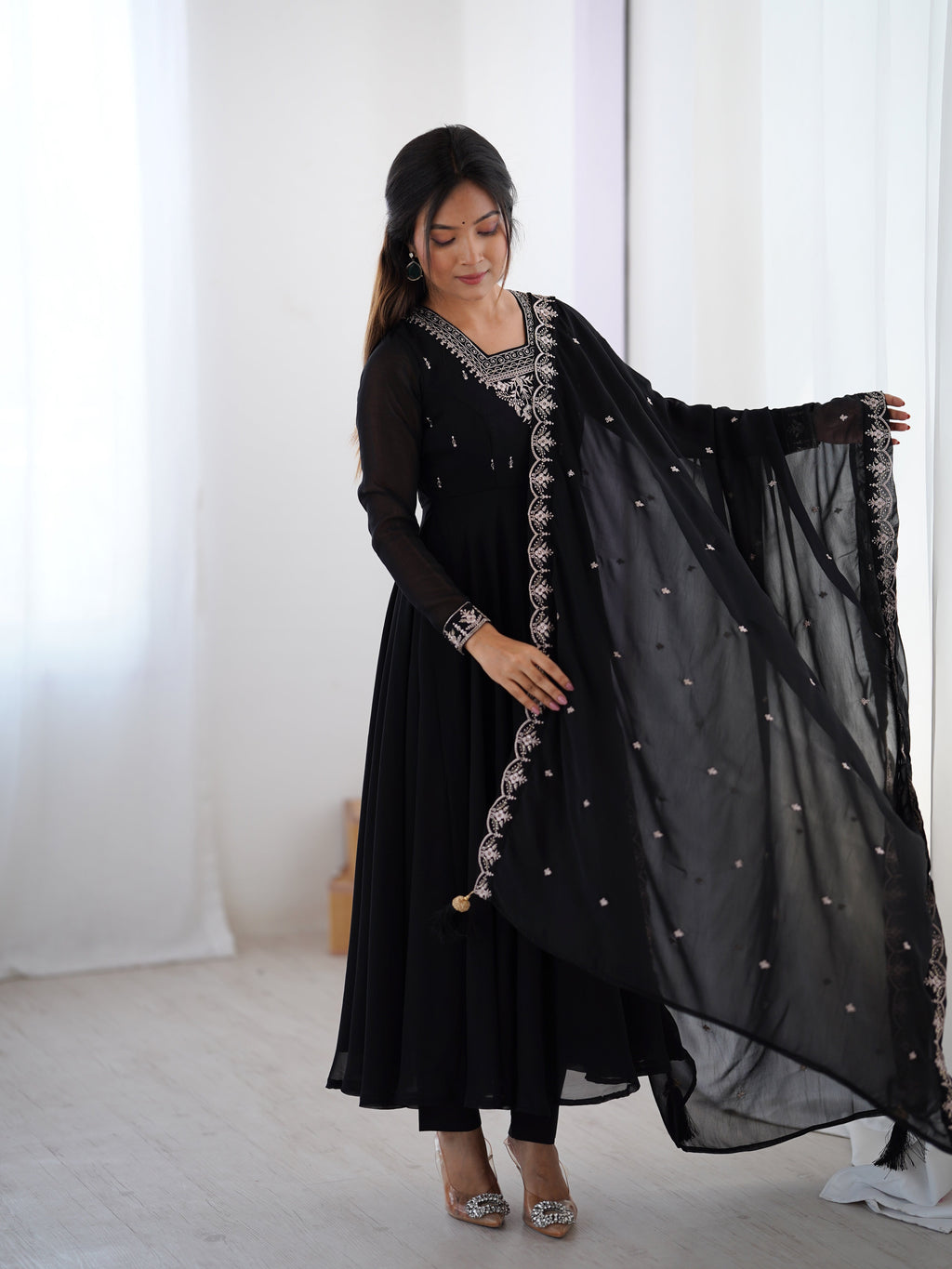 Black Embroidered Georgette Anarkali Set | Anarkali Suit For Women