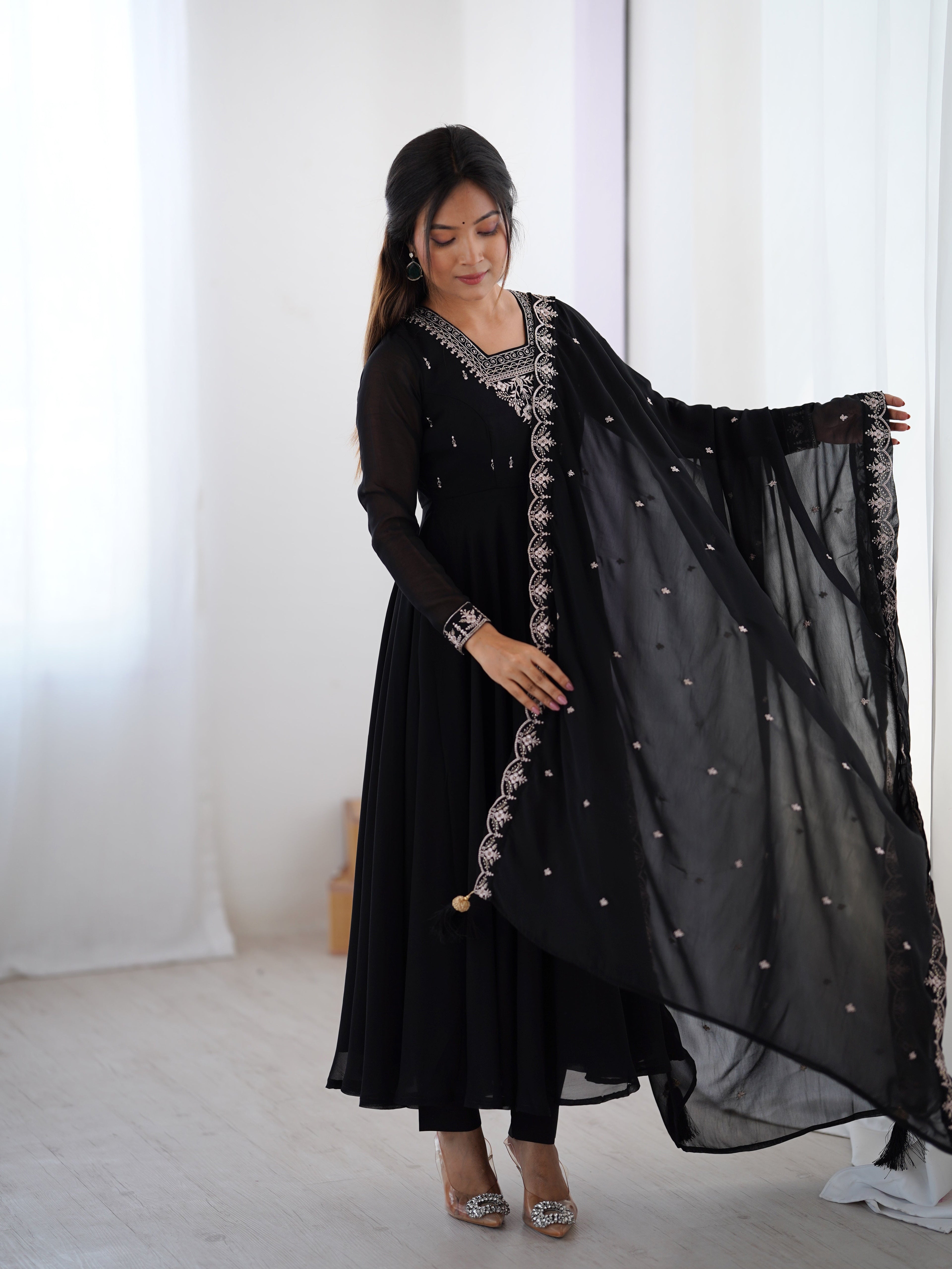 Black Embroidered Georgette Anarkali Set | Anarkali Suit For Women
