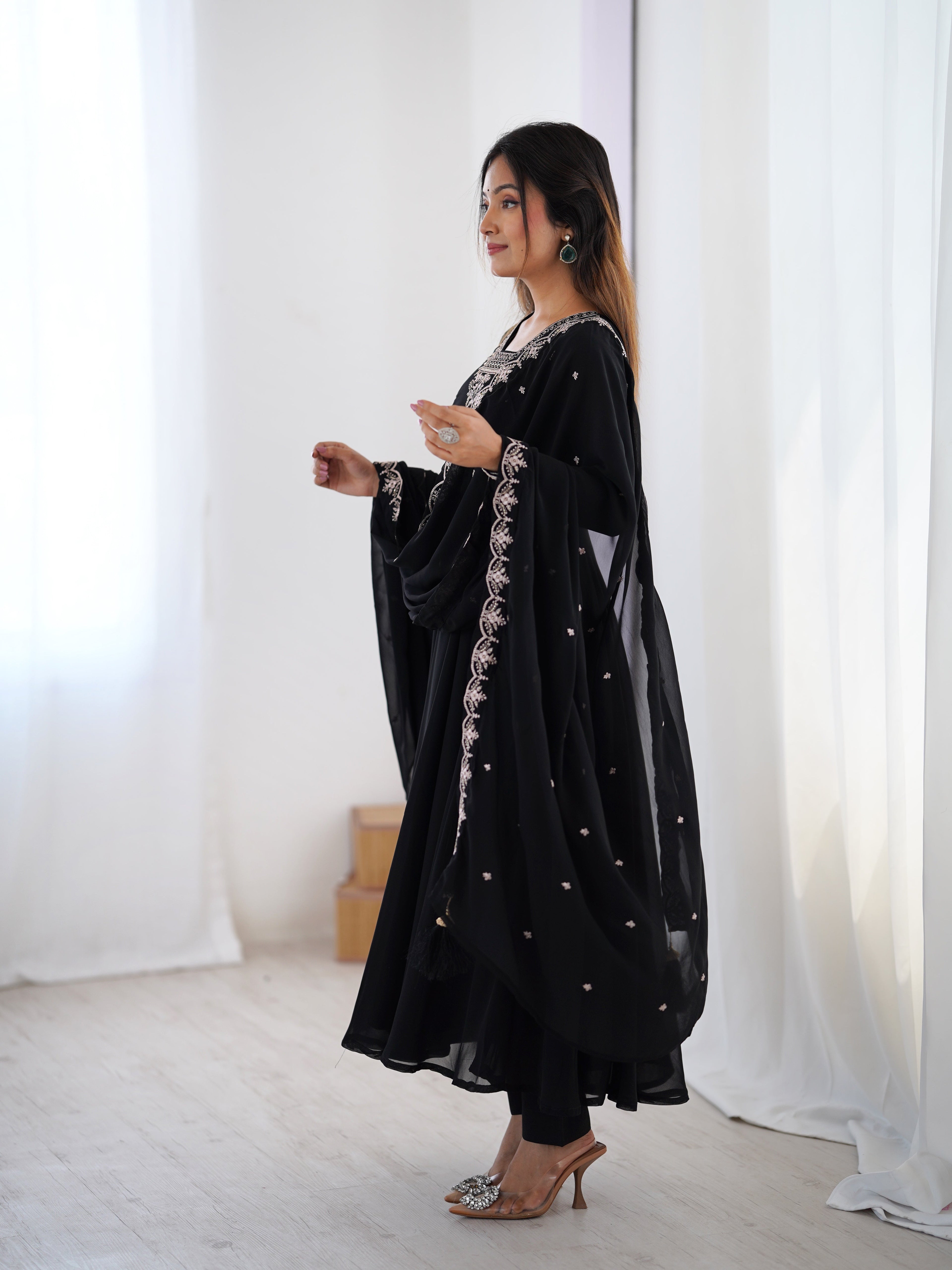 Black Embroidered Georgette Anarkali Set | Anarkali Suit For Women